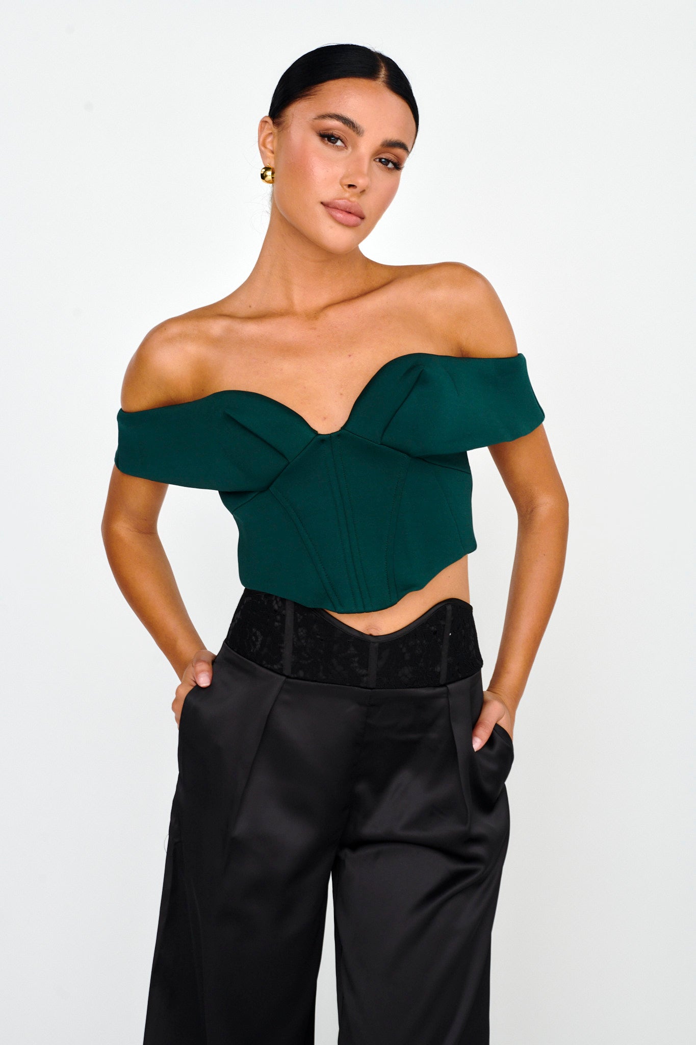 Tenicka Off-Shoulder Crop Top Hunter by Selfie Leslie