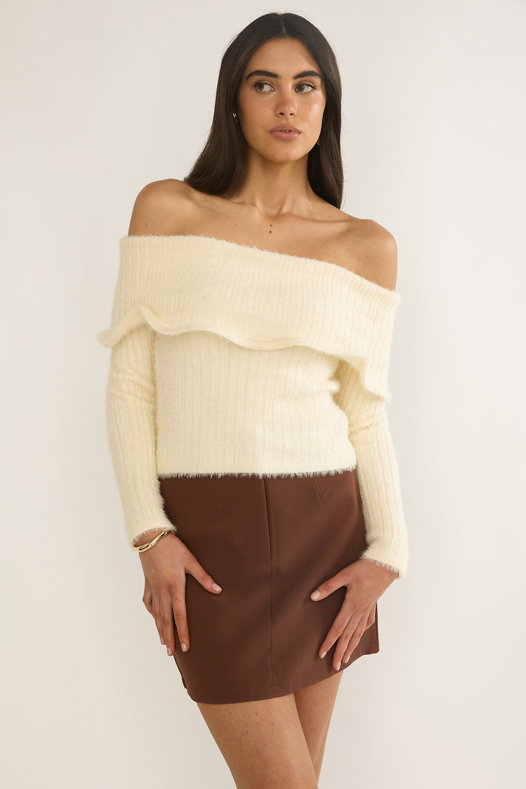 Orielle Wide Ruffle Off-Shoulder Top Cream by Selfie Leslie
