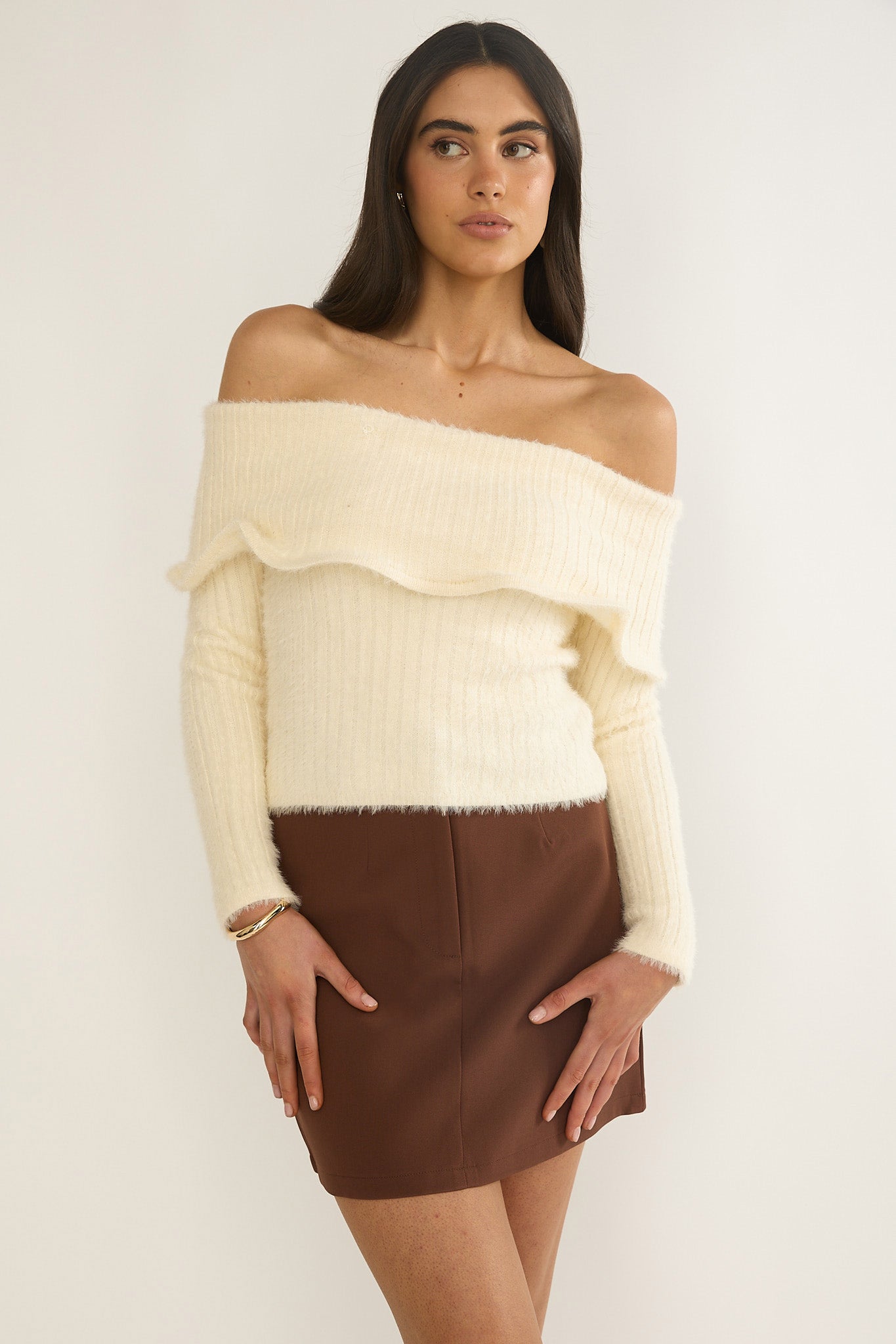 Orielle Wide Ruffle Off-Shoulder Top Cream by Selfie Leslie