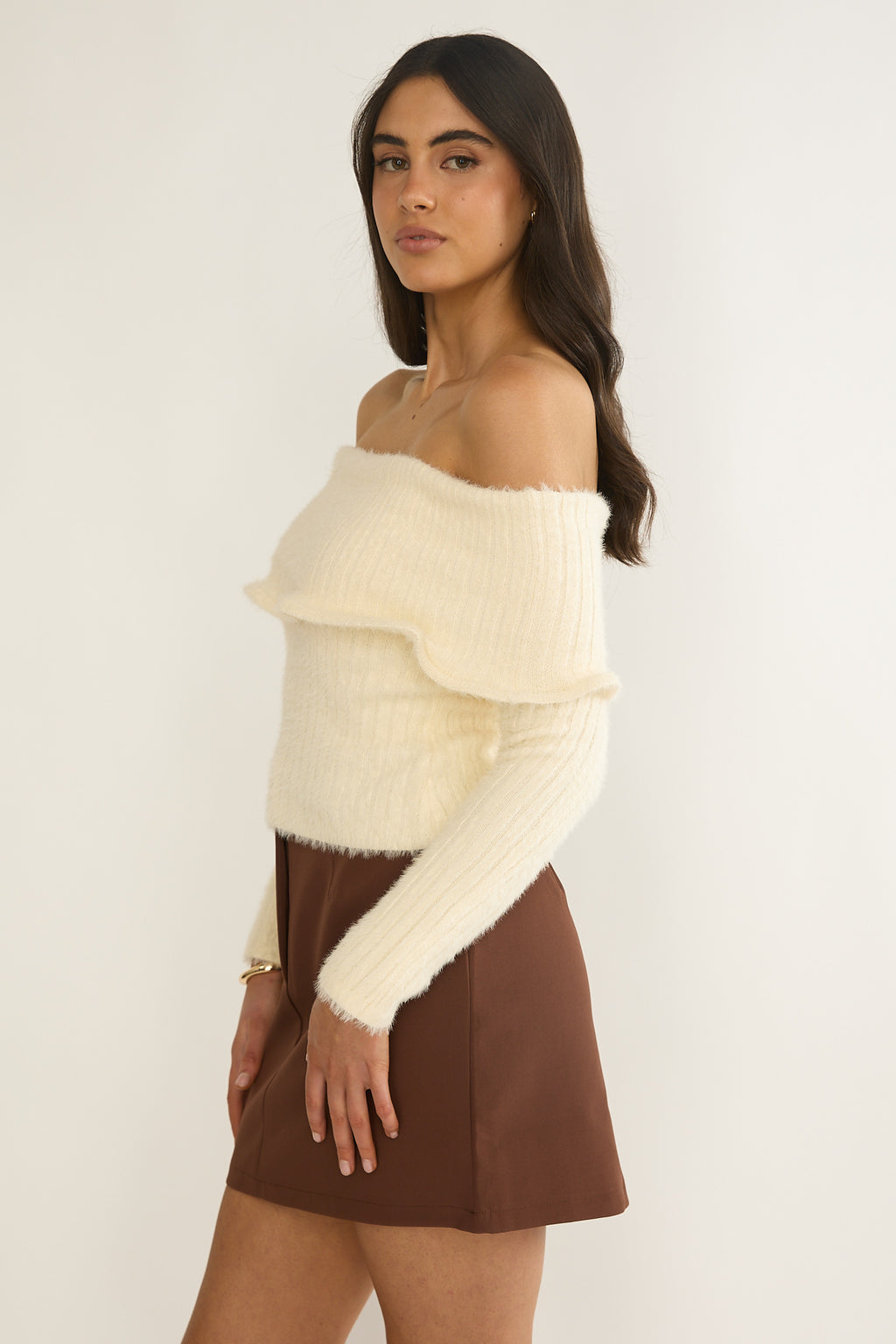 Orielle Wide Ruffle Off-Shoulder Top Cream by Selfie Leslie