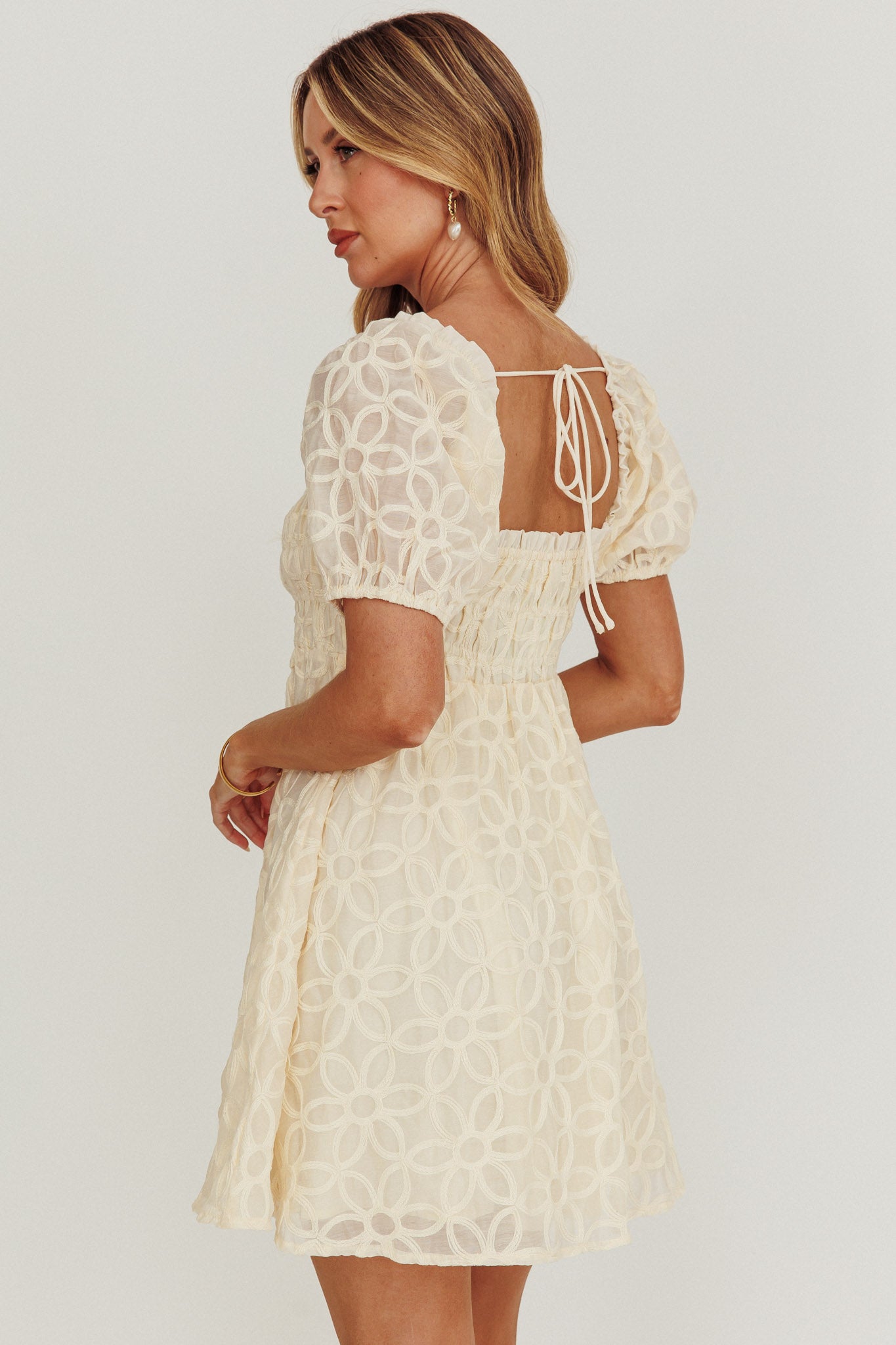 Dandelions Puff Sleeves A-Line Mini Dress Cream by Selfie Leslie