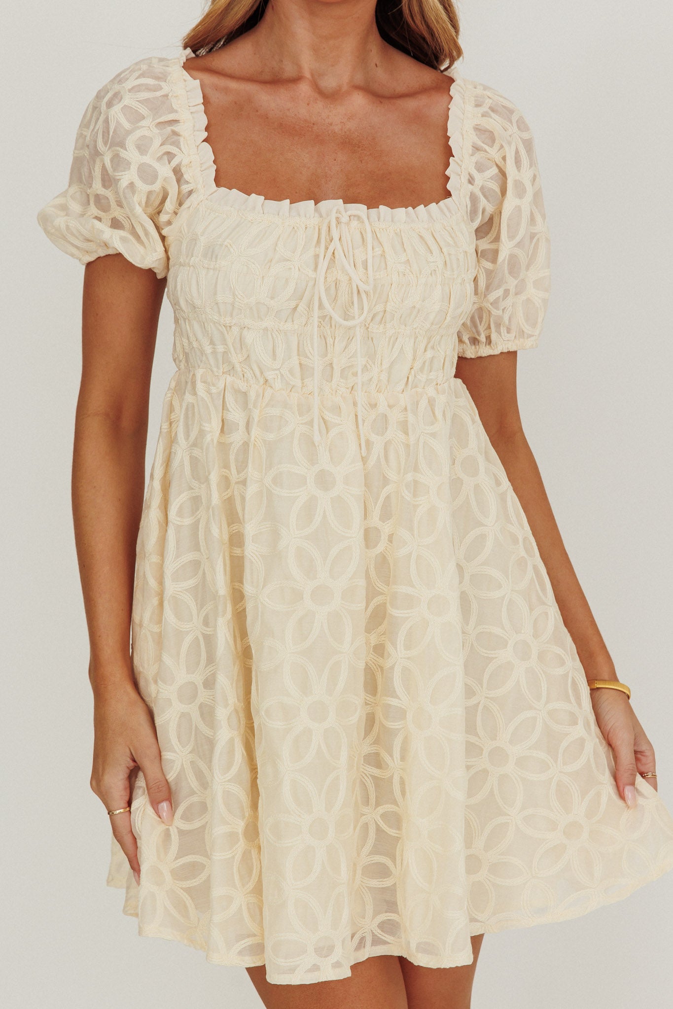 Dandelions Puff Sleeves A-Line Mini Dress Cream by Selfie Leslie