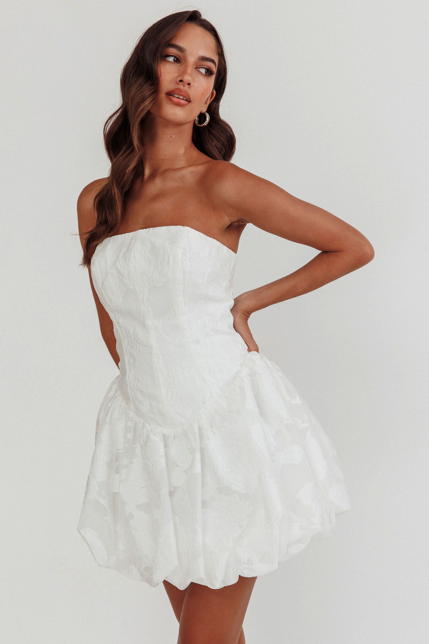 Shop the Monti Strapless Bubble Hem Mini Dress Embroidered White