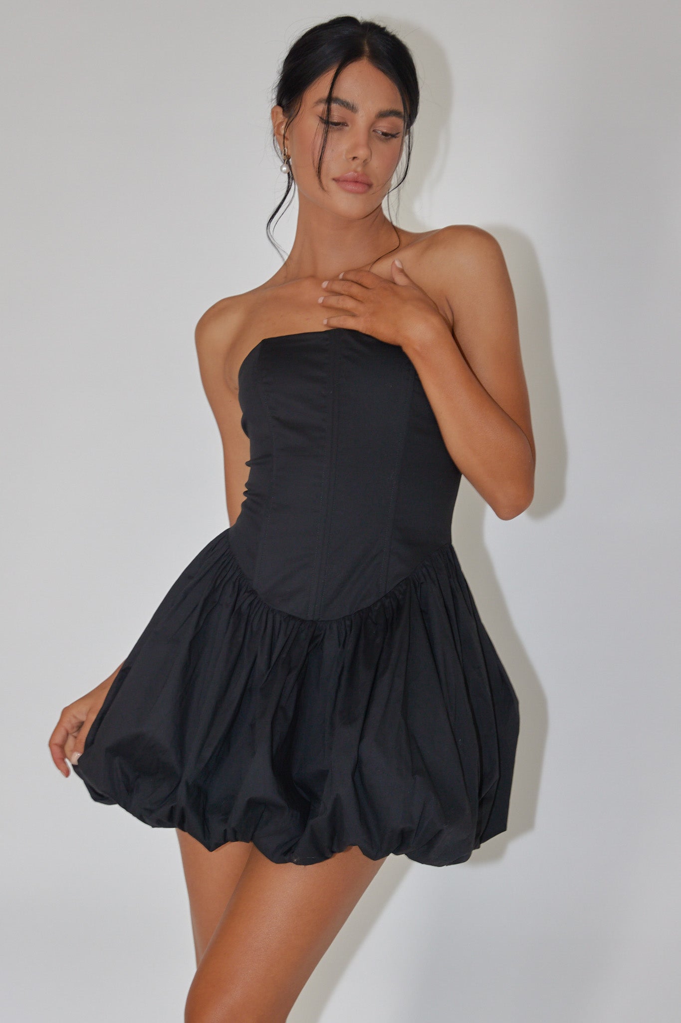 Monti Strapless Bubble Hem Mini Dress Black by Selfie Leslie