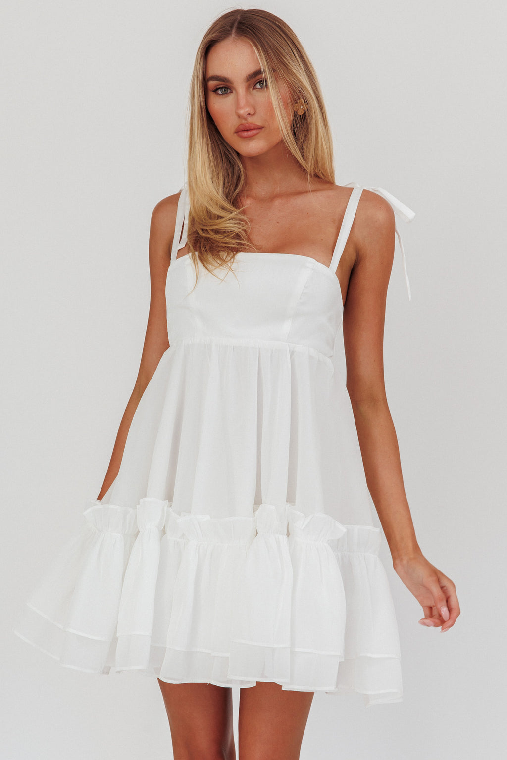 white babydoll dress Dream Chaser Frill Hem Size:Size 22w---Bust 49 Waist 43 Hips 51.5 Shoulder to floor 62.25, +$15.00 MATERIAL COTTON/POLYESTER Stone Plus Cotton Strappy Ava Presley Dress 40027
