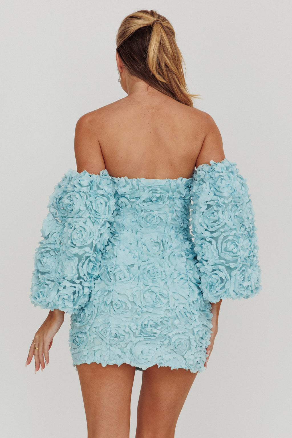 Vive La Rose Off-Shoulder Floral Mini Dress Baby Blue by Selfie Leslie