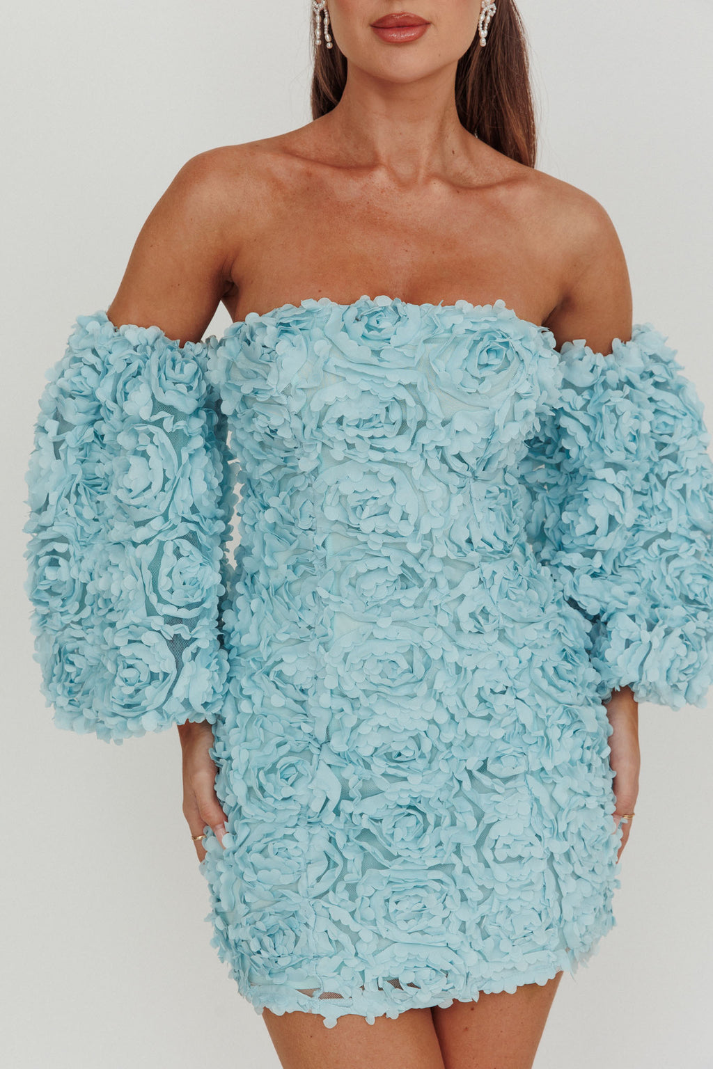 Vive La Rose Off-Shoulder Floral Mini Dress Baby Blue by Selfie Leslie
