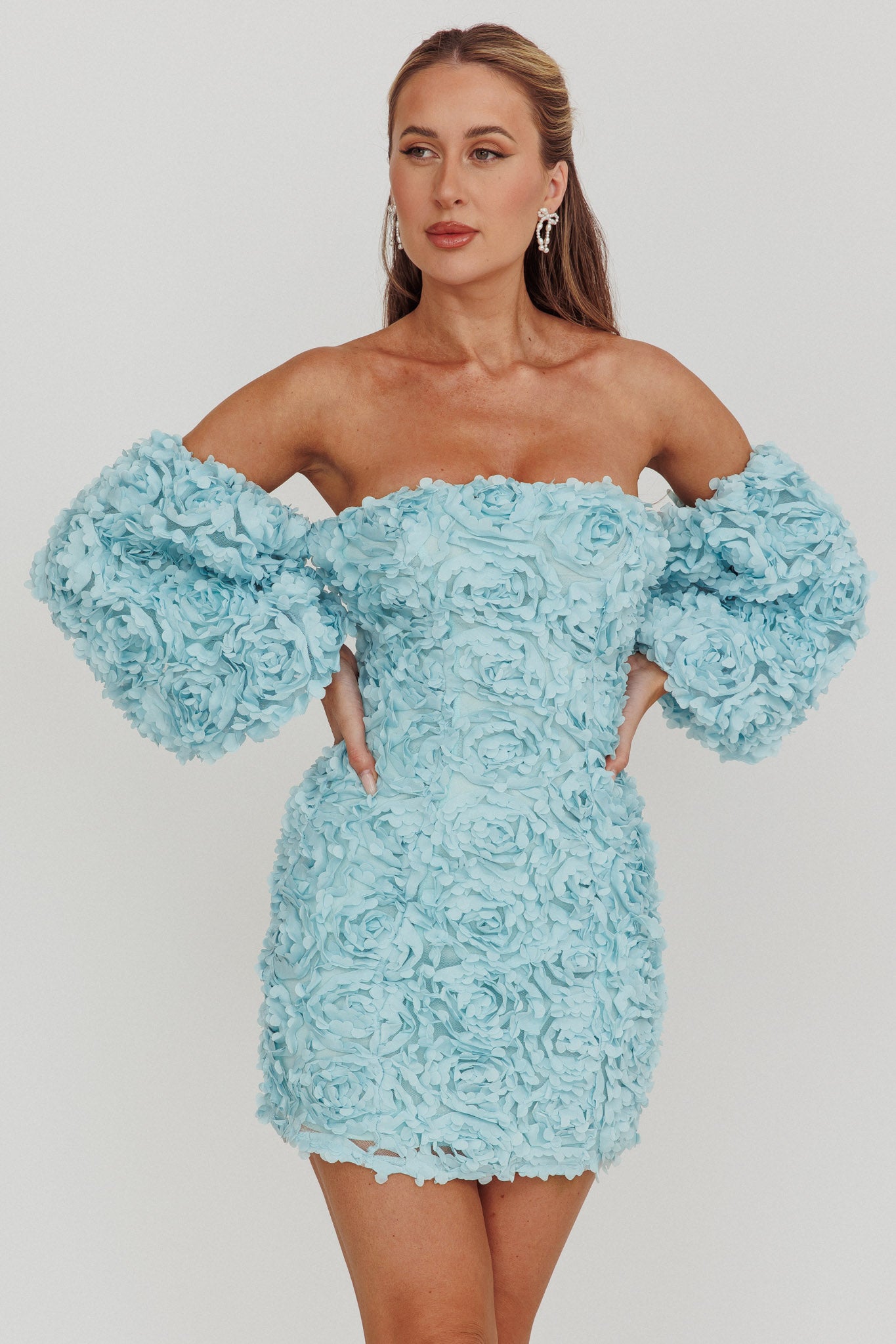 Vive La Rose Off-Shoulder Floral Mini Dress Baby Blue by Selfie Leslie