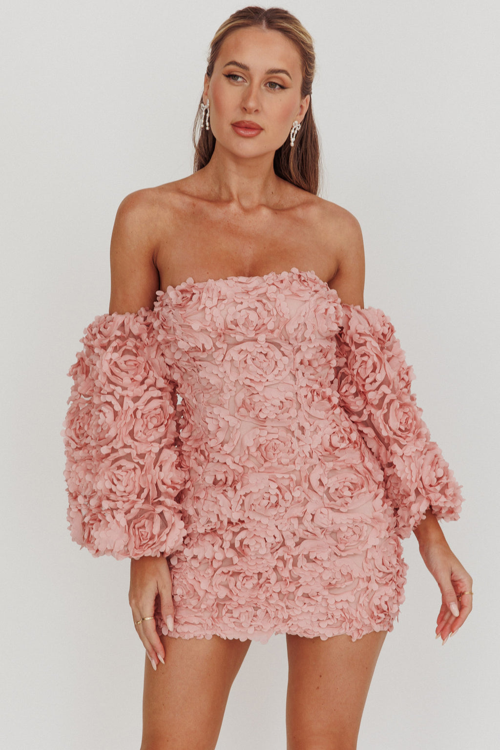 Vive La Rose Off-Shoulder Floral Mini Dress Blush by Selfie Leslie