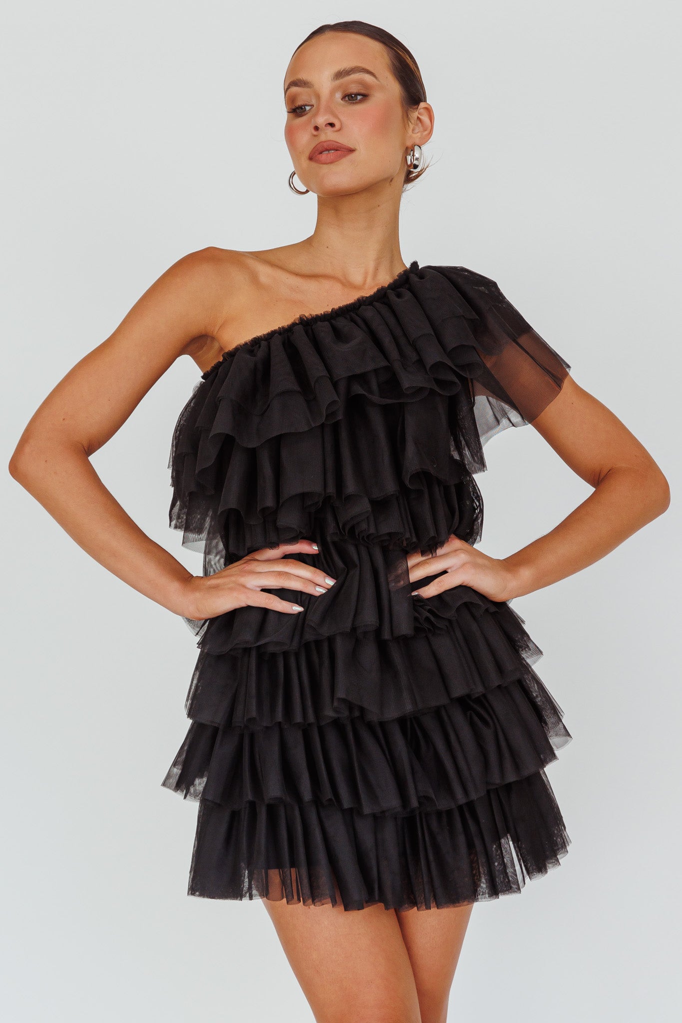 Tomi Layered Frill One-Shoulder Mini Dress Black by Selfie Leslie
