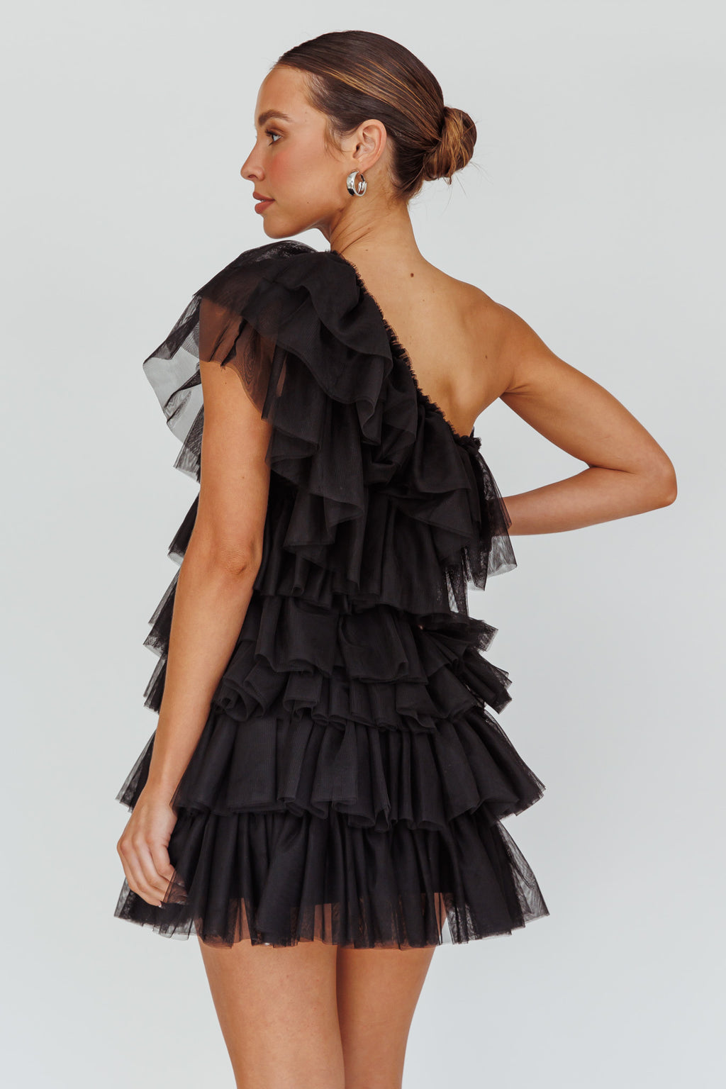 Tomi Layered Frill One-Shoulder Mini Dress Black by Selfie Leslie