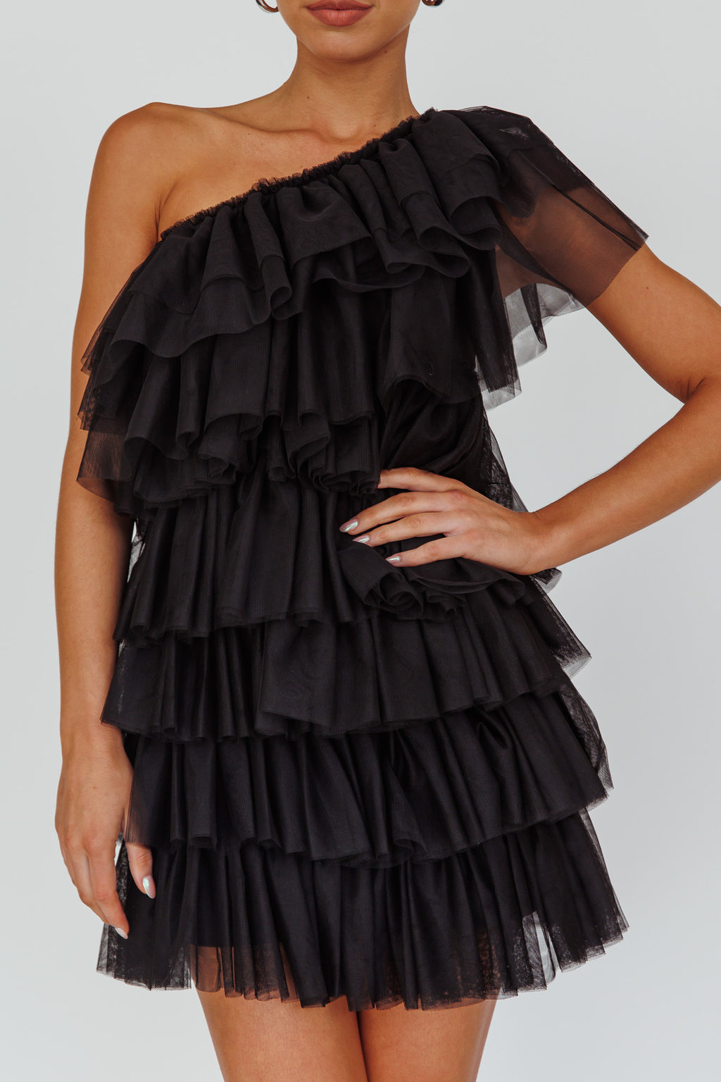 Tomi Layered Frill One-Shoulder Mini Dress Black by Selfie Leslie