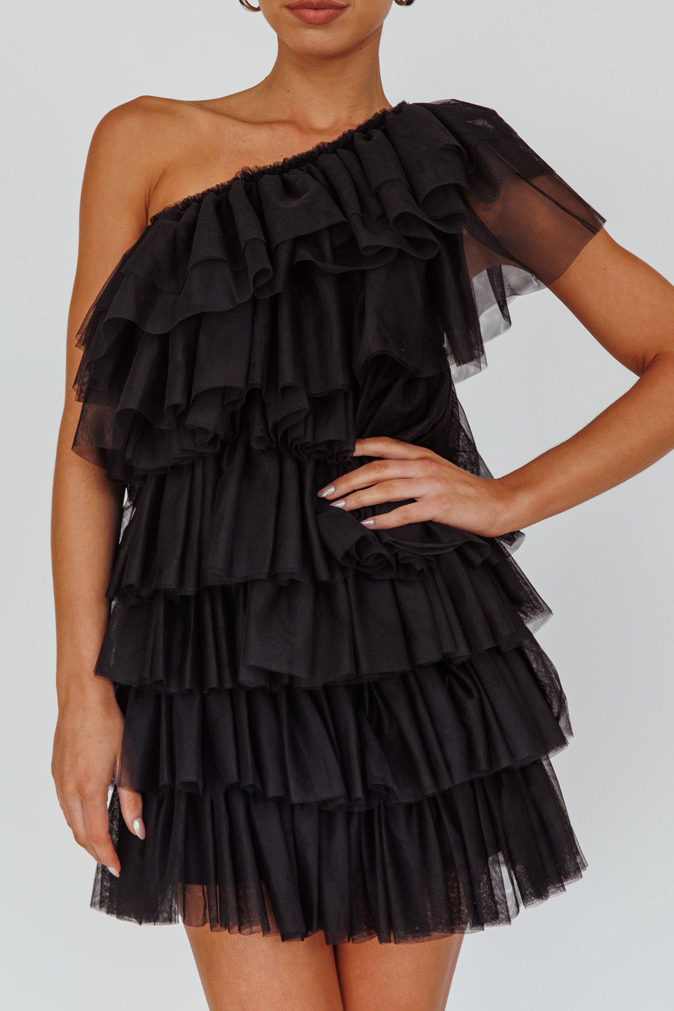 Tomi Layered Frill One-Shoulder Mini Dress Black by Selfie Leslie