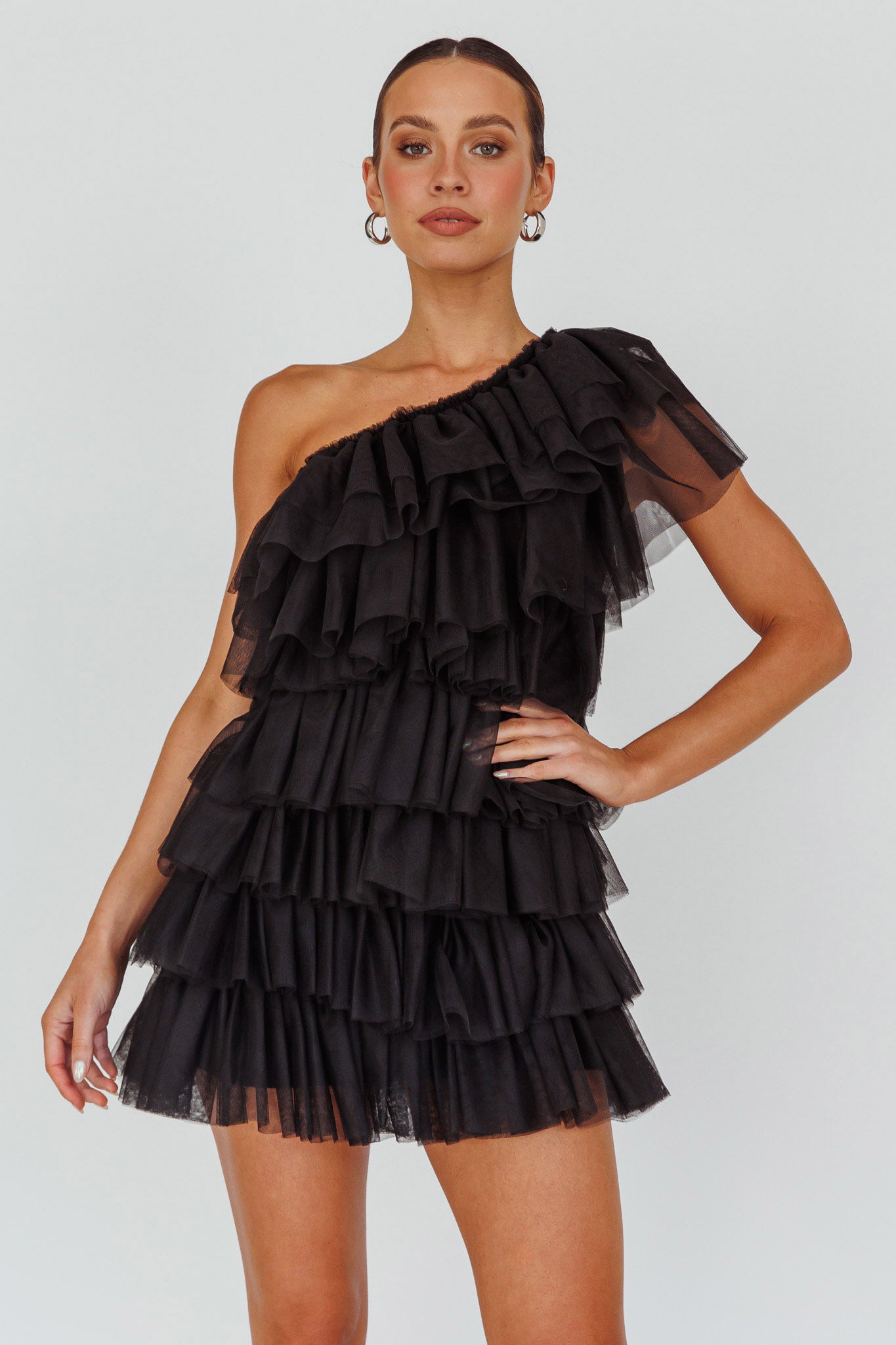 Tomi Layered Frill One-Shoulder Mini Dress Black by Selfie Leslie