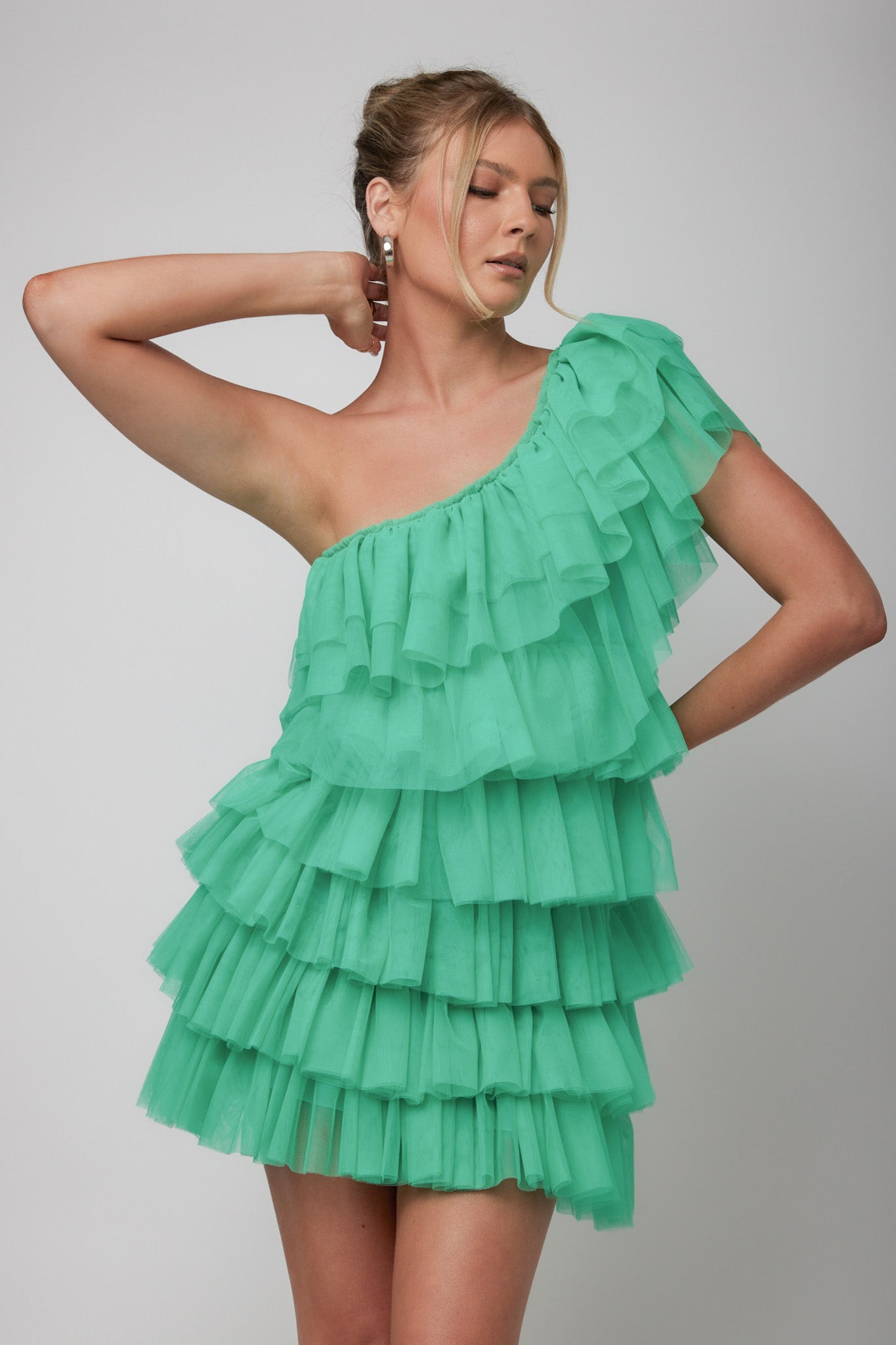 Tomi Layered Frill One-Shoulder Mini Dress Spearmint by Selfie Leslie