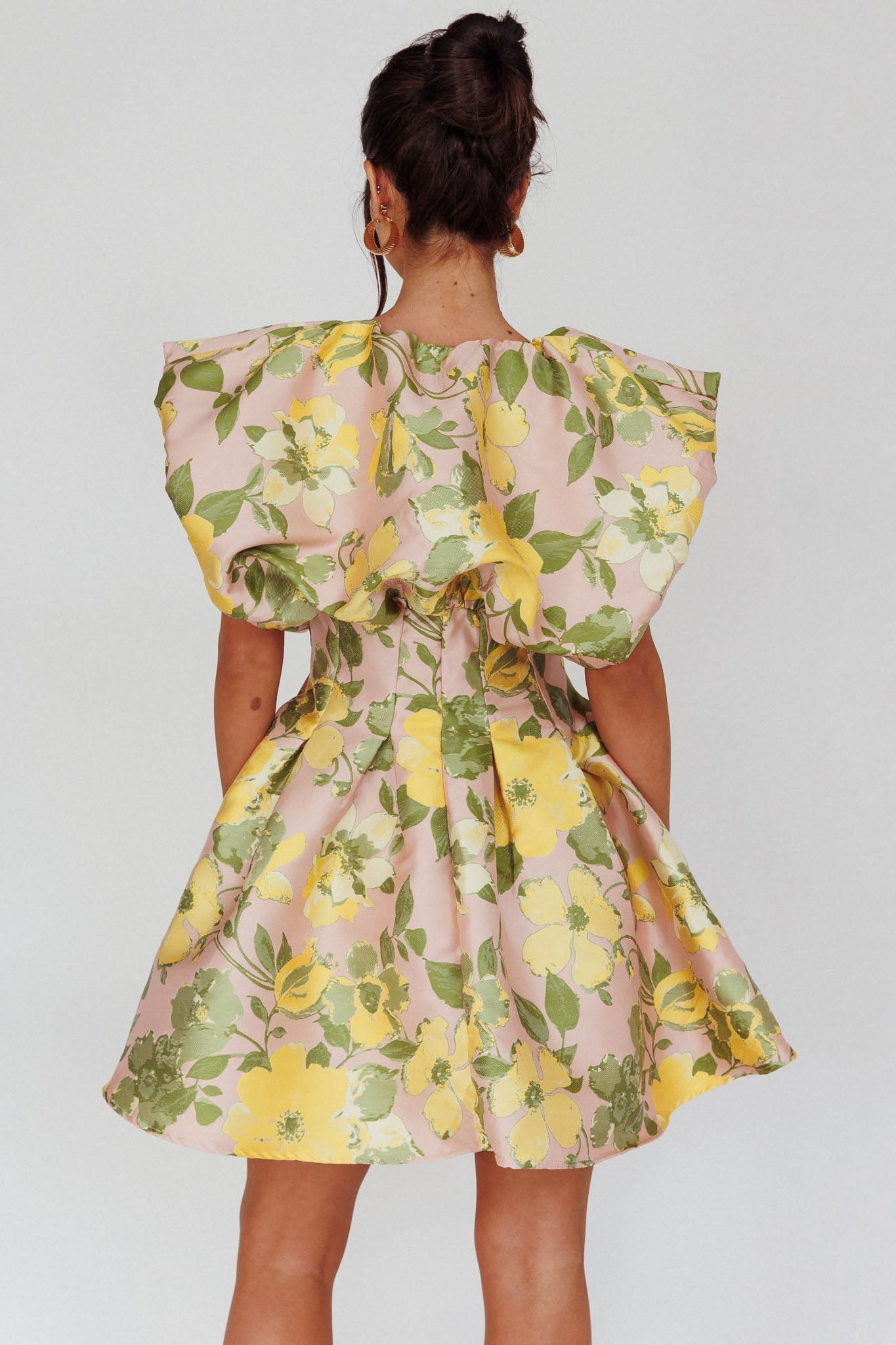 Bennet Puffed Neckline Mini Dress Floral Pink/Yellow by Selfie Leslie
