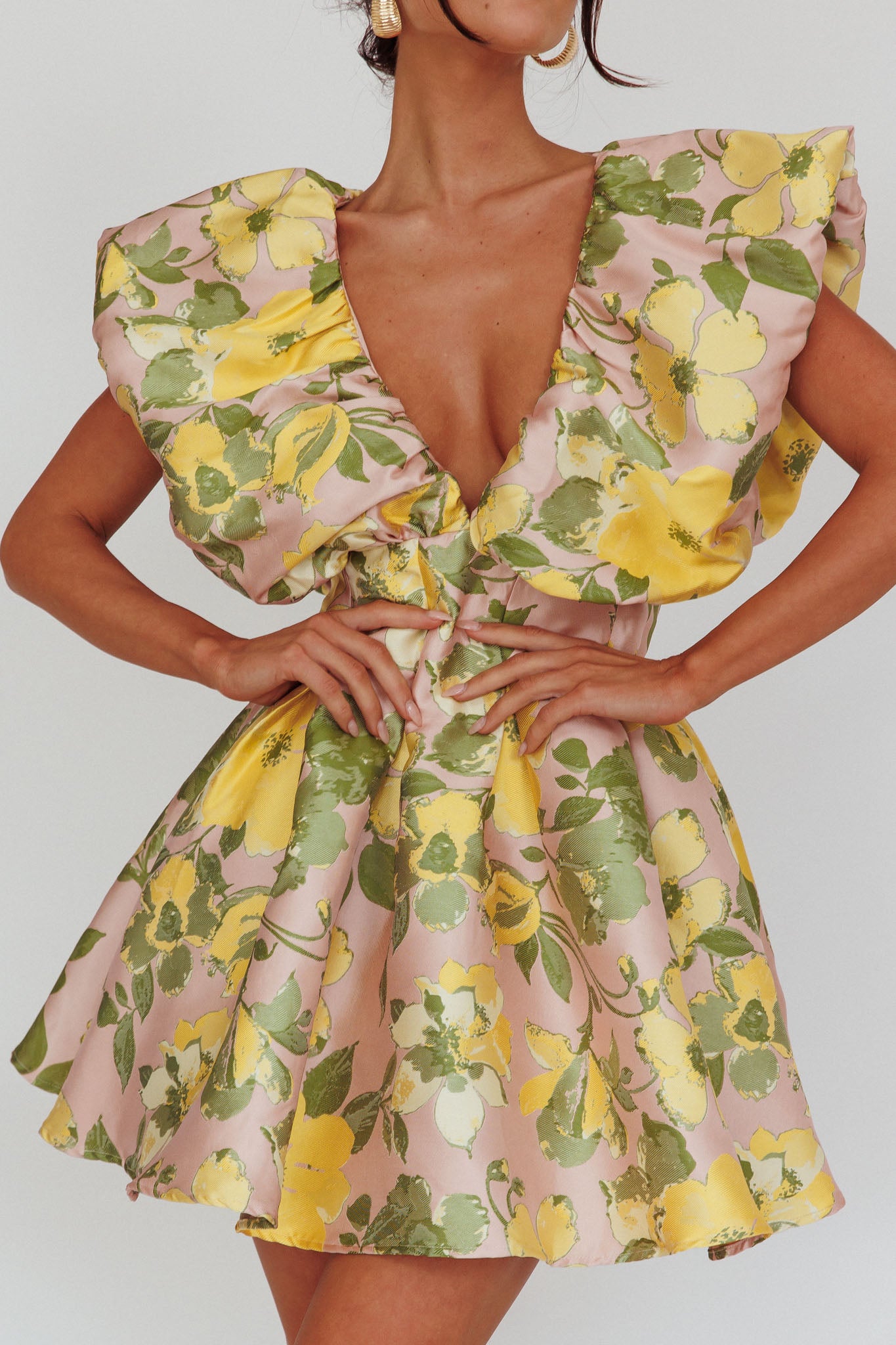 Bennet Puffed Neckline Mini Dress Floral Pink/Yellow by Selfie Leslie