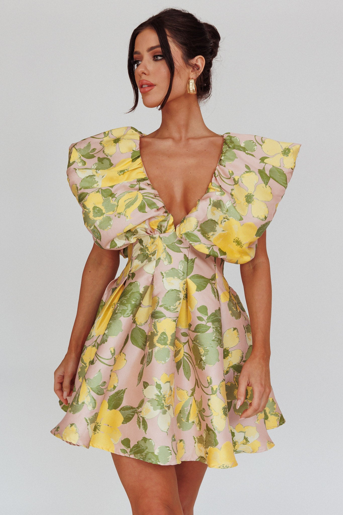 Bennet Puffed Neckline Mini Dress Floral Pink/Yellow by Selfie Leslie