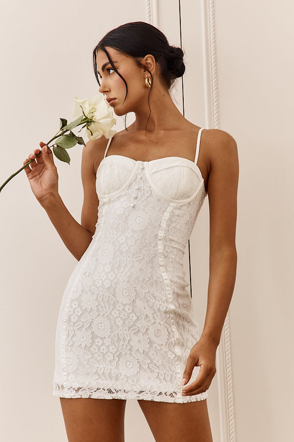 Take A Risk Lace Satin Trim Mini Dress White by Selfie Leslie