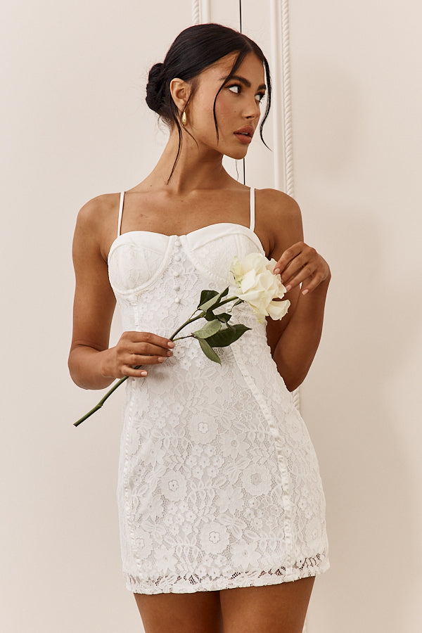 Take A Risk Lace Satin Trim Mini Dress White by Selfie Leslie