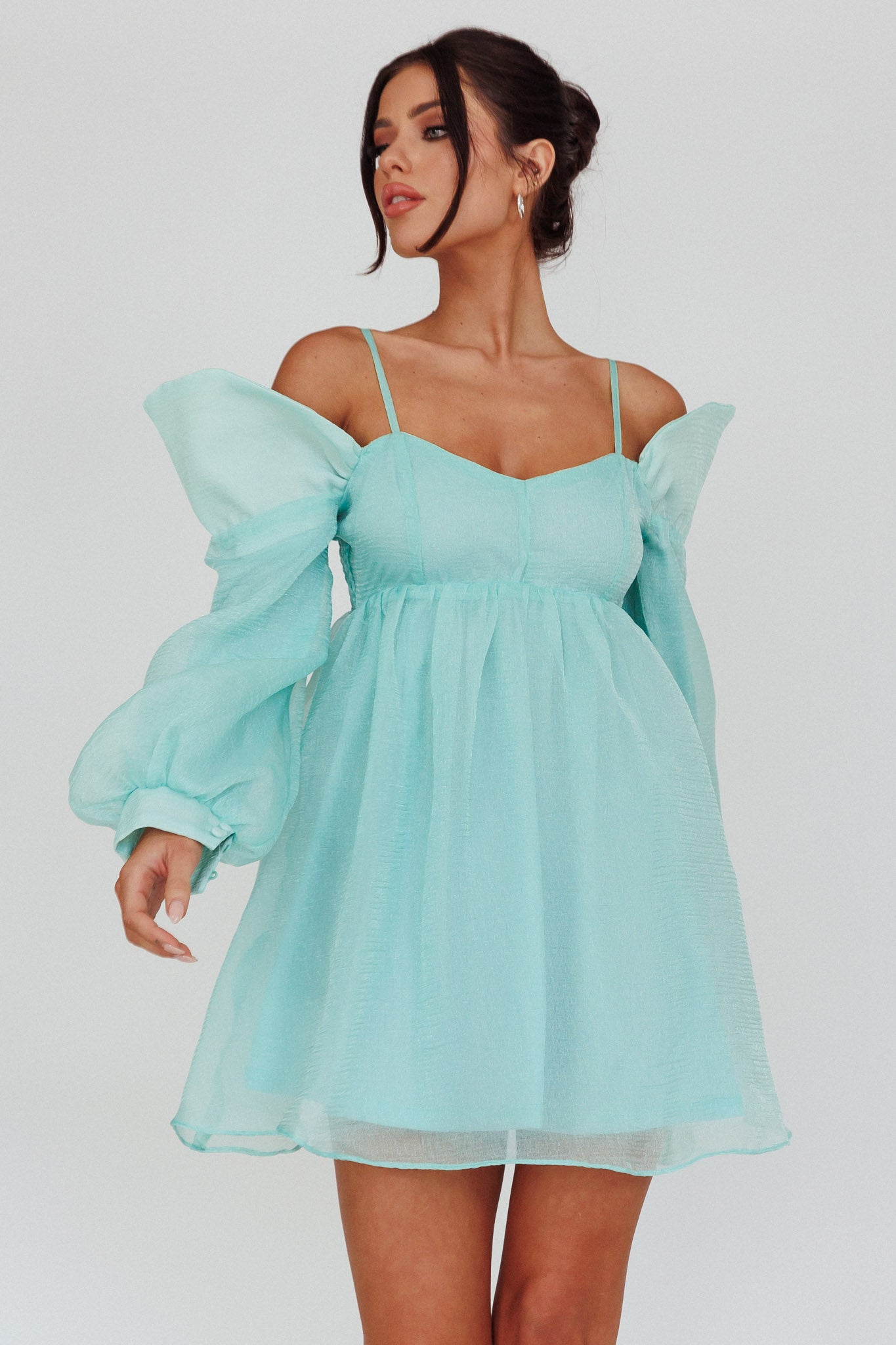 Yasi Long Sleeve Babydoll Mini Dress Mint by Selfie Leslie