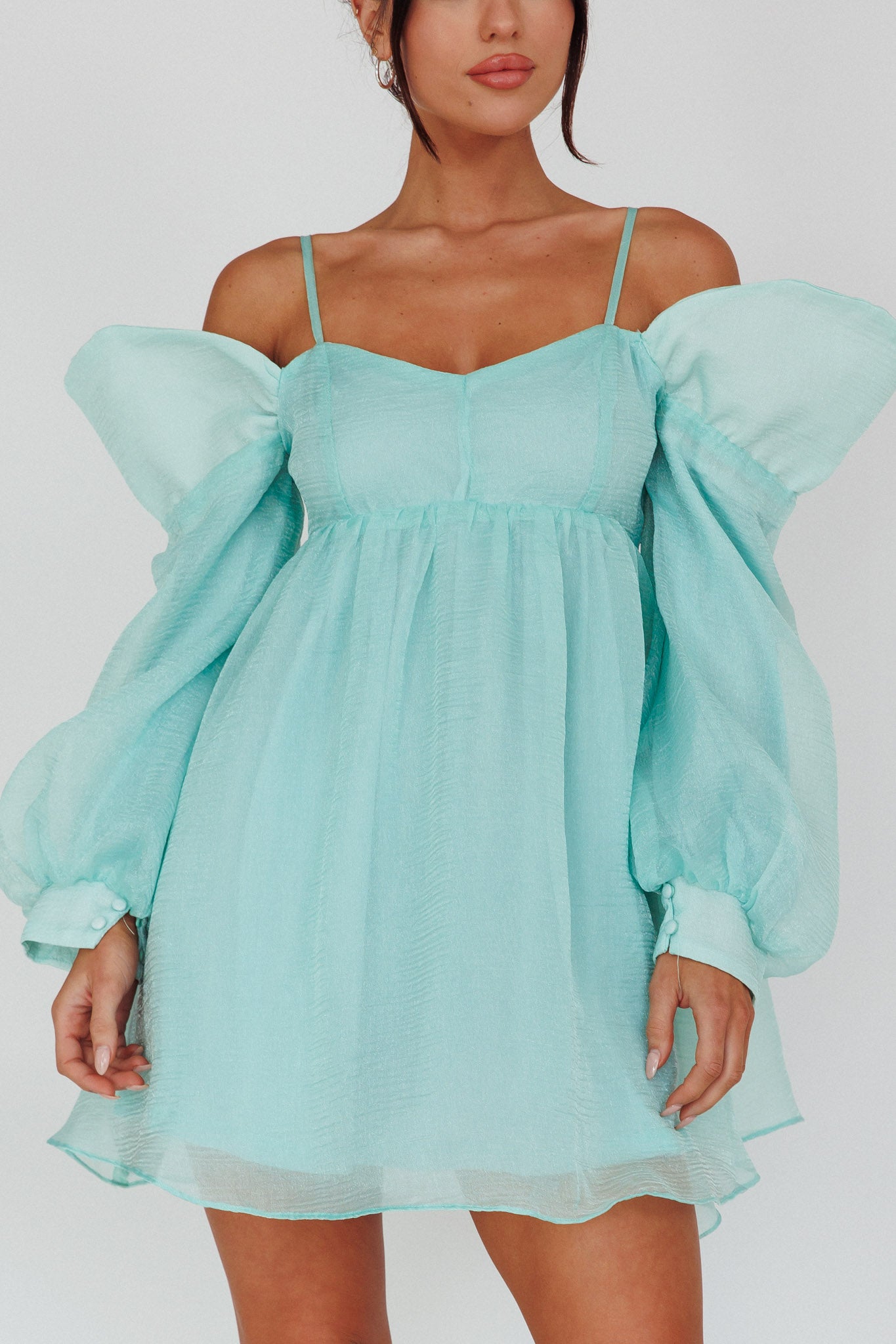 Yasi Long Sleeve Babydoll Mini Dress Mint by Selfie Leslie
