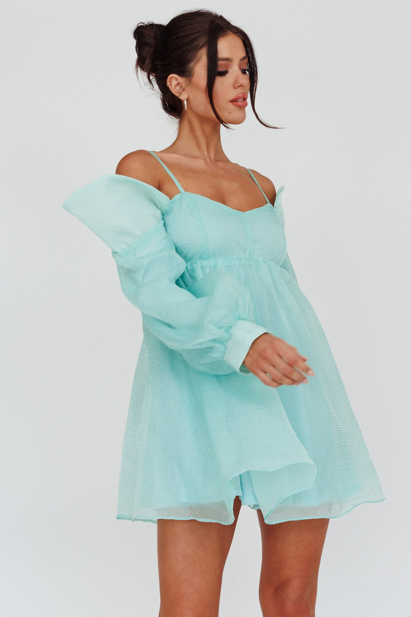 Yasi Long Sleeve Babydoll Mini Dress Mint by Selfie Leslie
