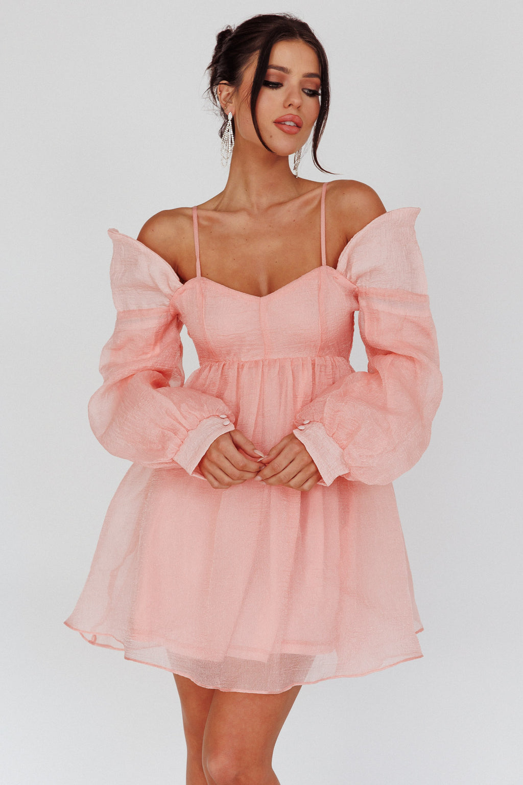 Yasi Long Sleeve Babydoll Mini Dress Peach by Selfie Leslie