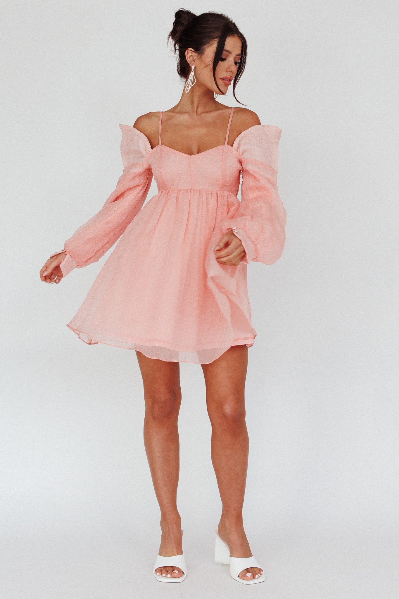 Yasi Long Sleeve Babydoll Mini Dress Peach by Selfie Leslie