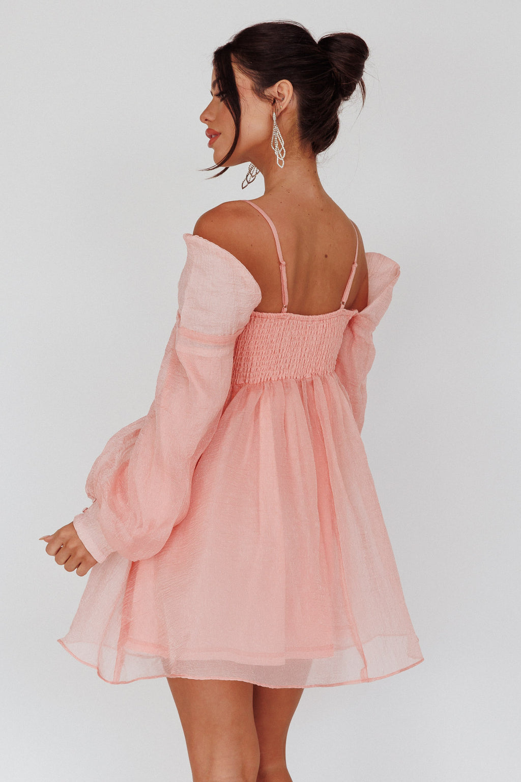 Yasi Long Sleeve Babydoll Mini Dress Peach by Selfie Leslie
