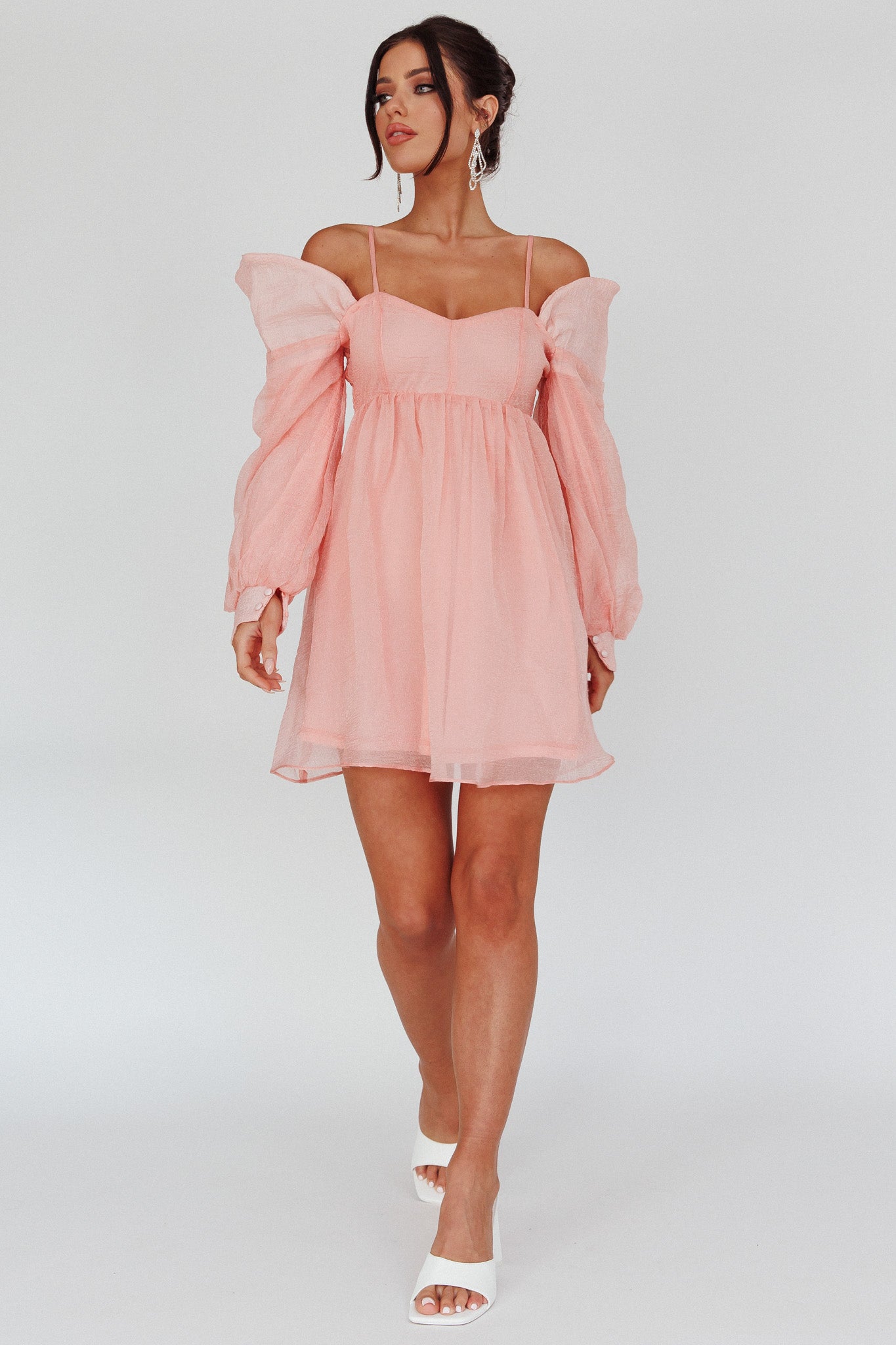 Yasi Long Sleeve Babydoll Mini Dress Peach by Selfie Leslie
