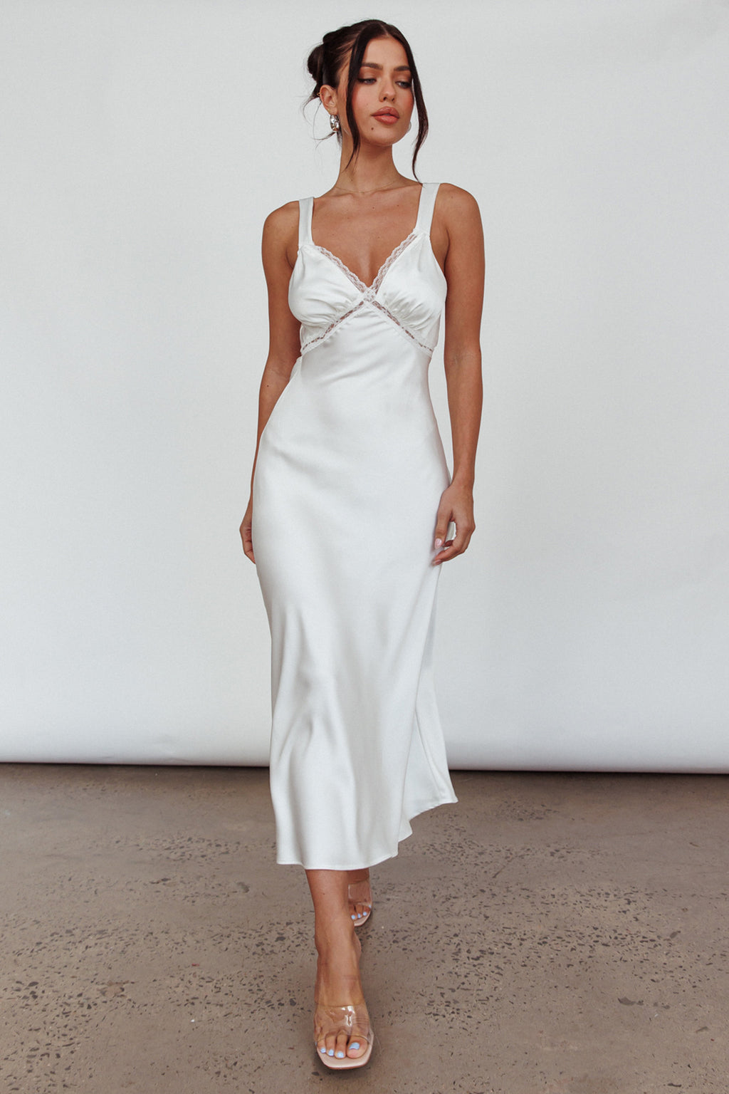 Nyah Lace Trim Midi Dress Off White by Selfie Leslie