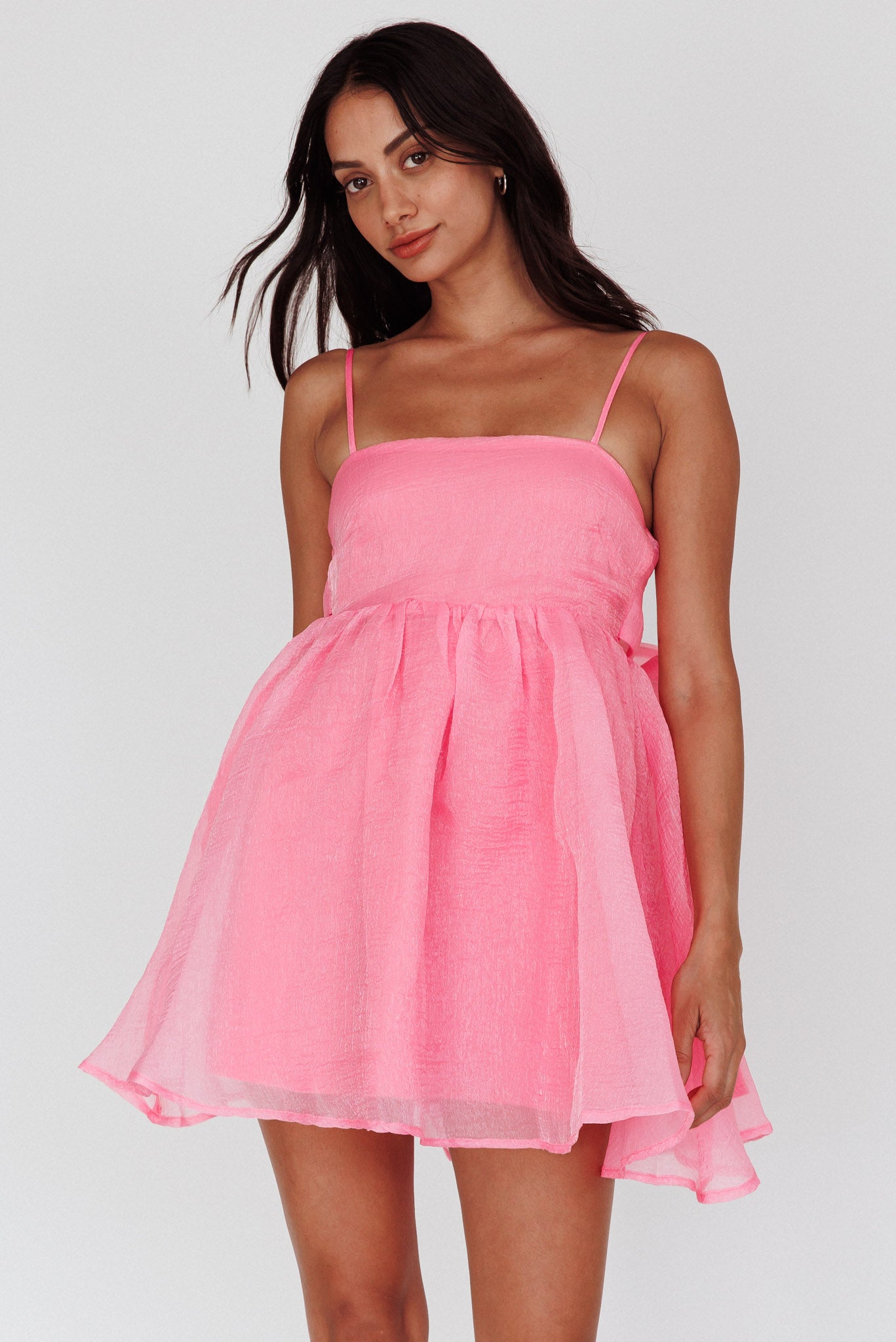 Diaz Bow Back Babydoll Mini Dress Pop Pink by Selfie Leslie