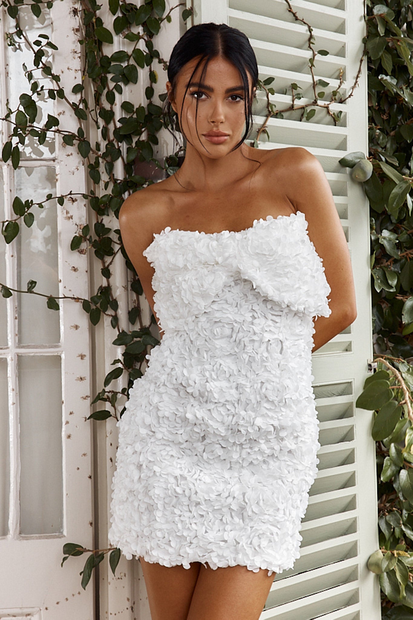 Ma Cherie Bow Bust Embellished Mini Dress White by Selfie Leslie