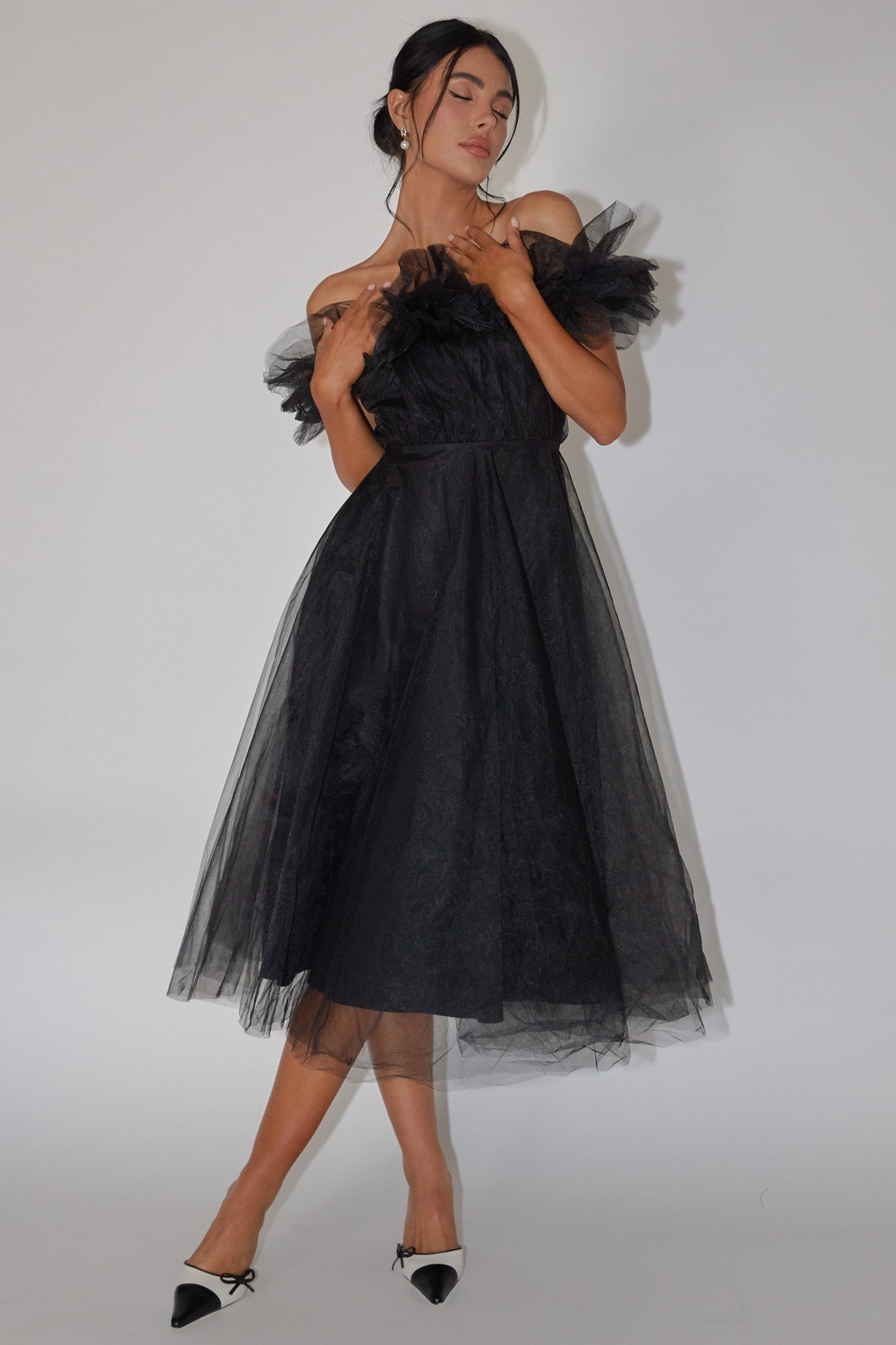 off the shoulder black dress midi May Rose Off-Shoulder Tulle TTS Best Sellers 2026: What to REALLY 5% Spandex Color:BLACK / WHITE POLKA DOT