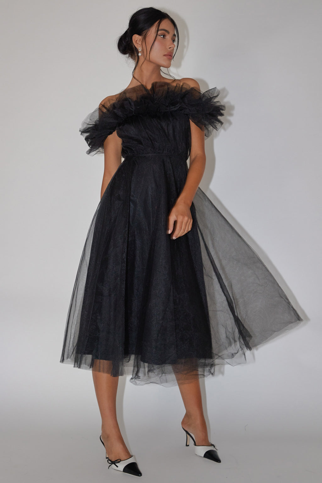 May Rose Off-Shoulder Tulle Midi Dress Black by Selfie Leslie