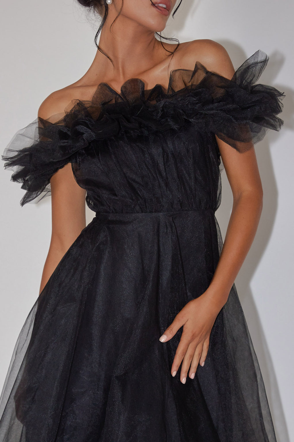May Rose Off-Shoulder Tulle Midi Dress Black by Selfie Leslie