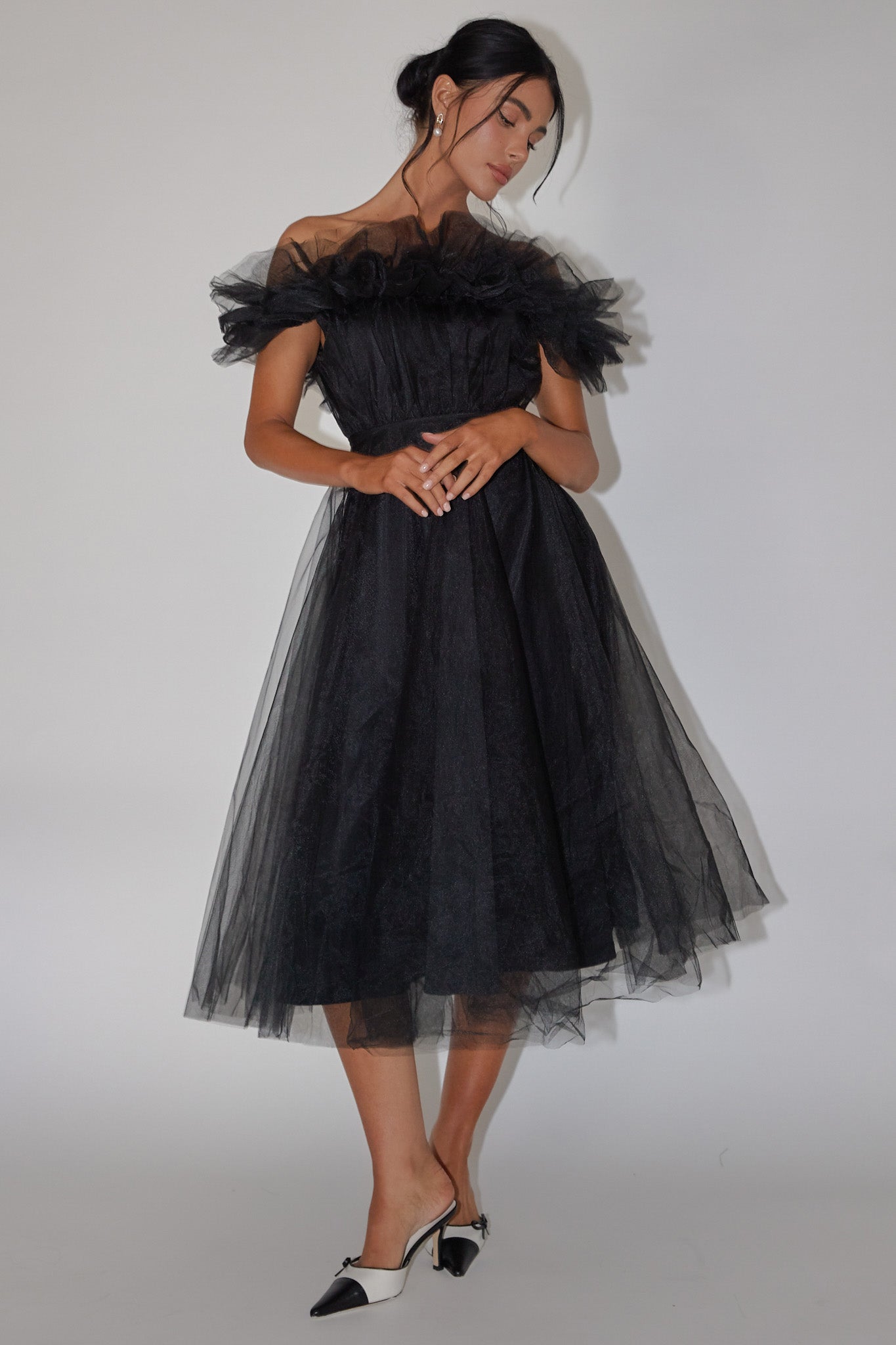 May Rose Off-Shoulder Tulle Midi Dress Black by Selfie Leslie