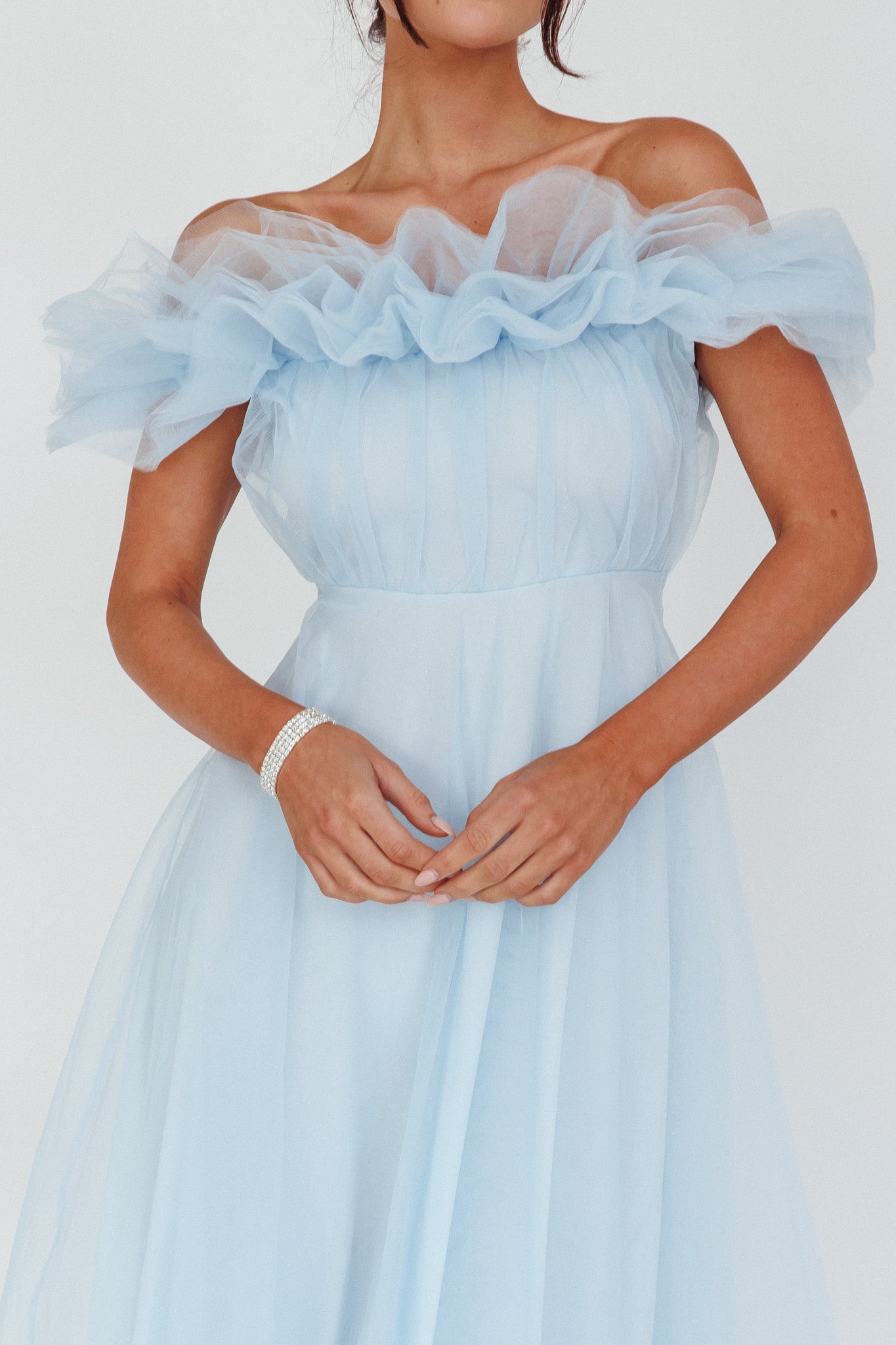 Shop the May Rose Off-Shoulder Tulle Midi Dress Light Blue