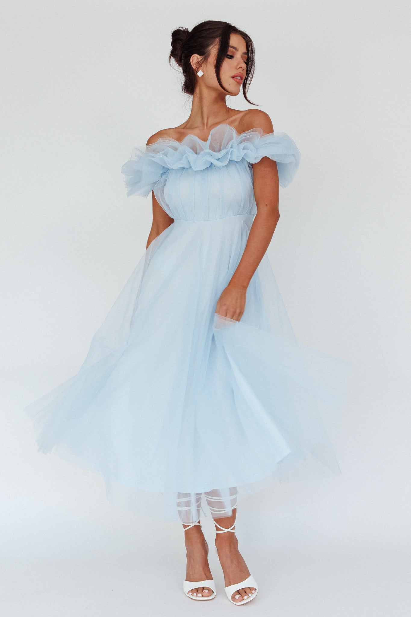 Shop the May Rose Off-Shoulder Tulle Midi Dress Light Blue