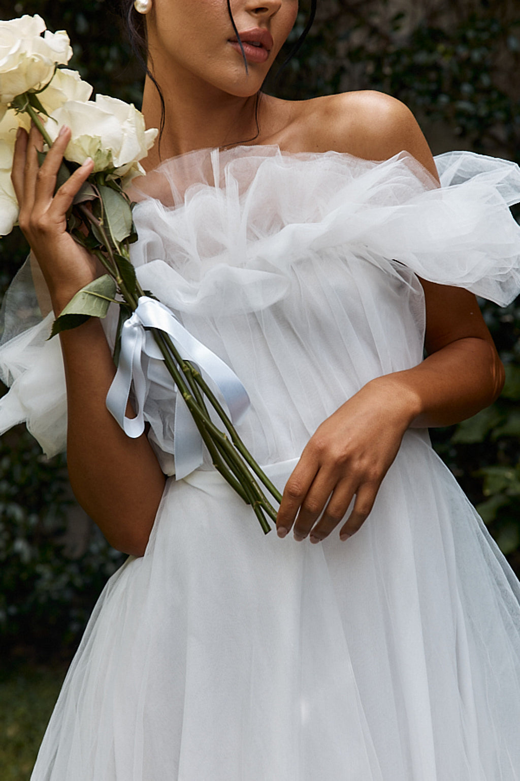 May Rose Off-Shoulder Tulle Midi Dress Off White by Selfie Leslie