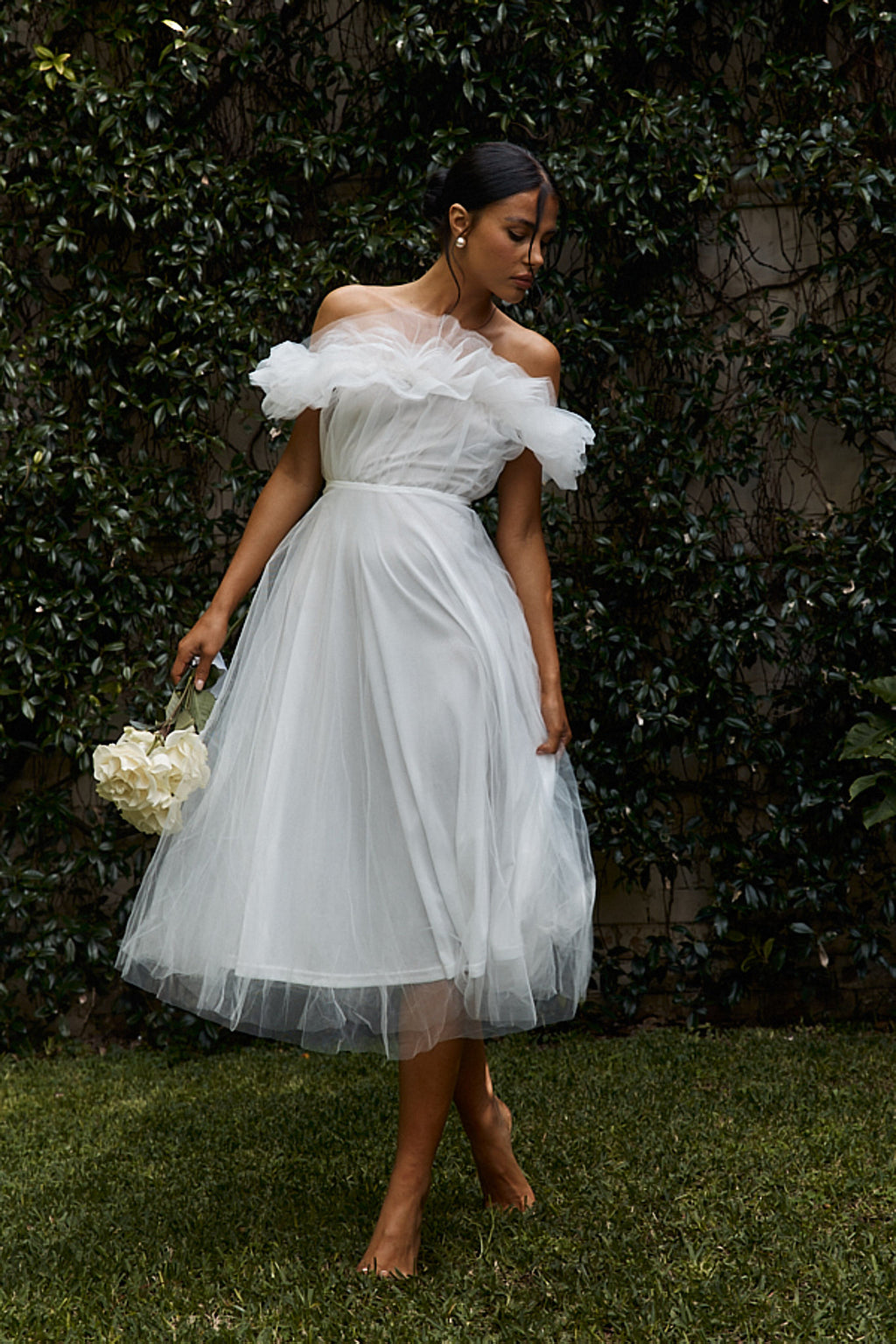 May Rose Off-Shoulder Tulle Midi Dress Off White by Selfie Leslie