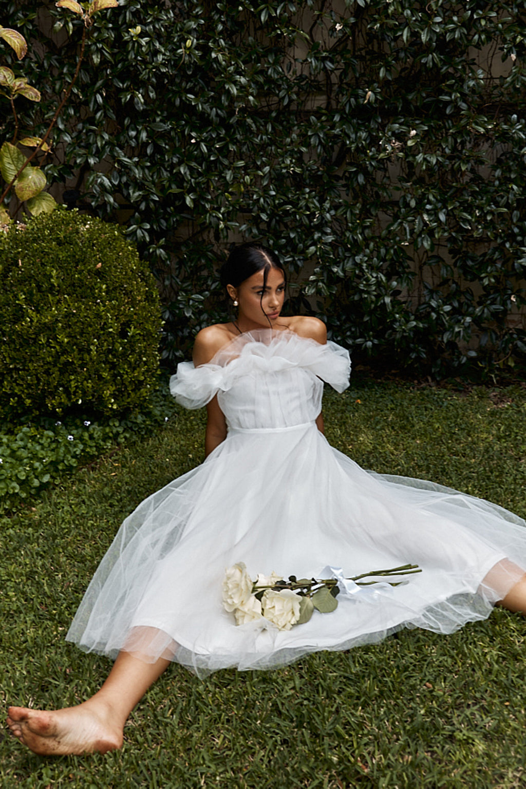 May Rose Off-Shoulder Tulle Midi Dress Off White by Selfie Leslie