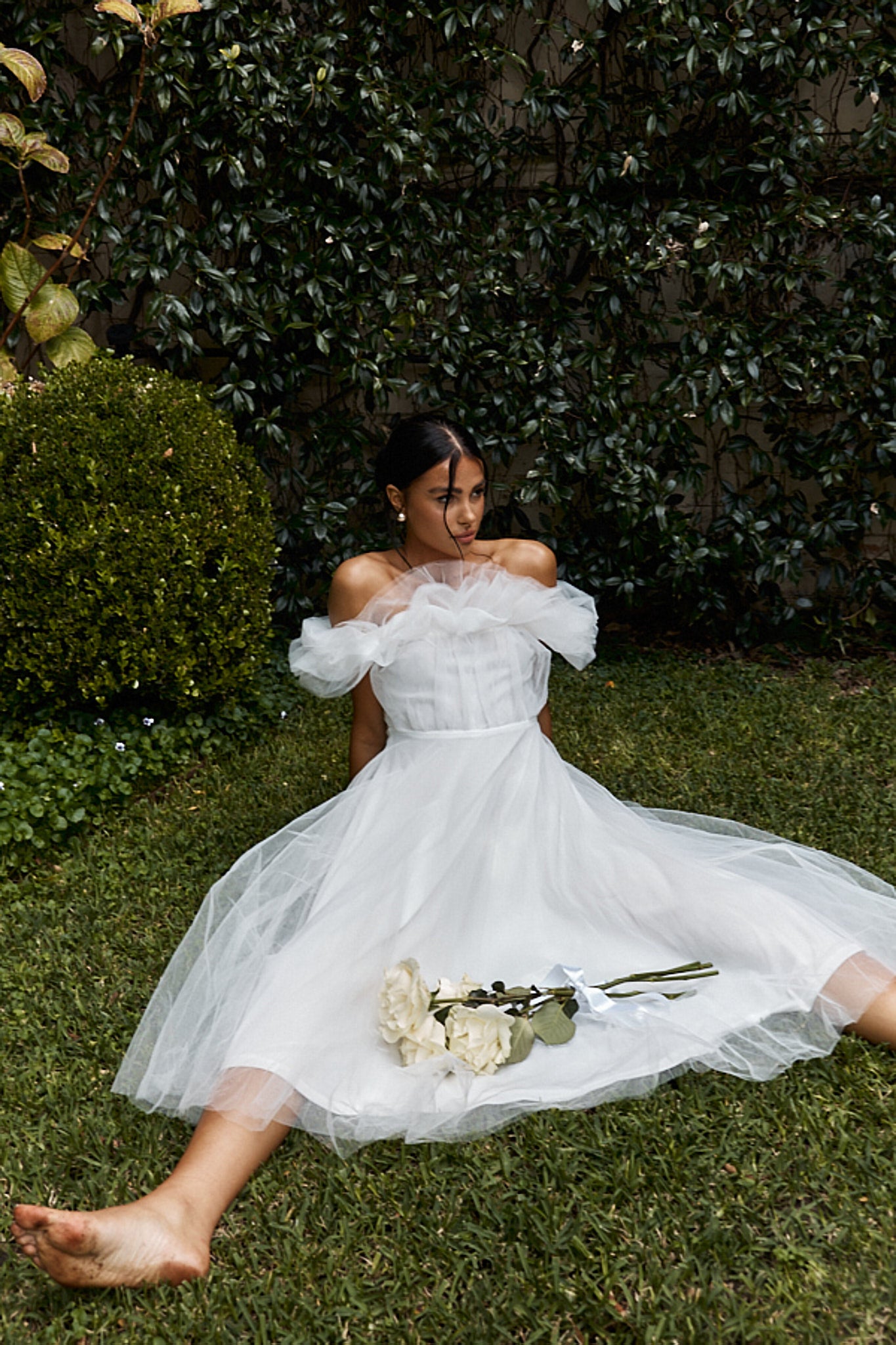 May Rose Off-Shoulder Tulle Midi Dress Off White by Selfie Leslie