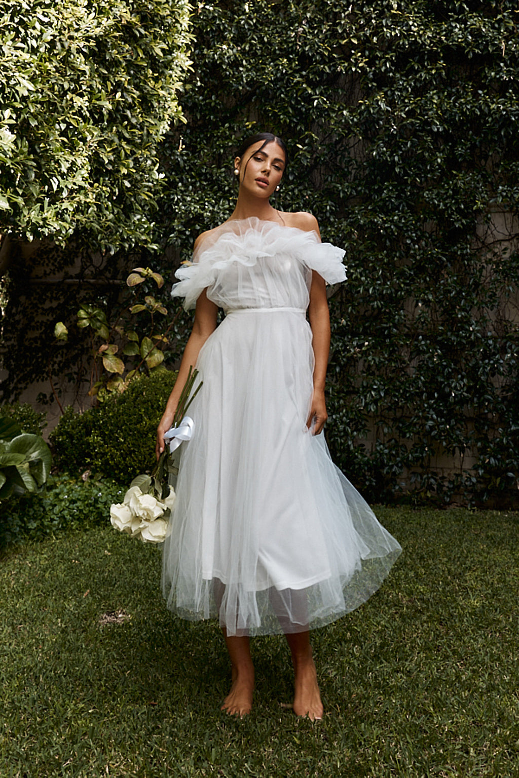 May Rose Off-Shoulder Tulle Midi Dress Off White by Selfie Leslie