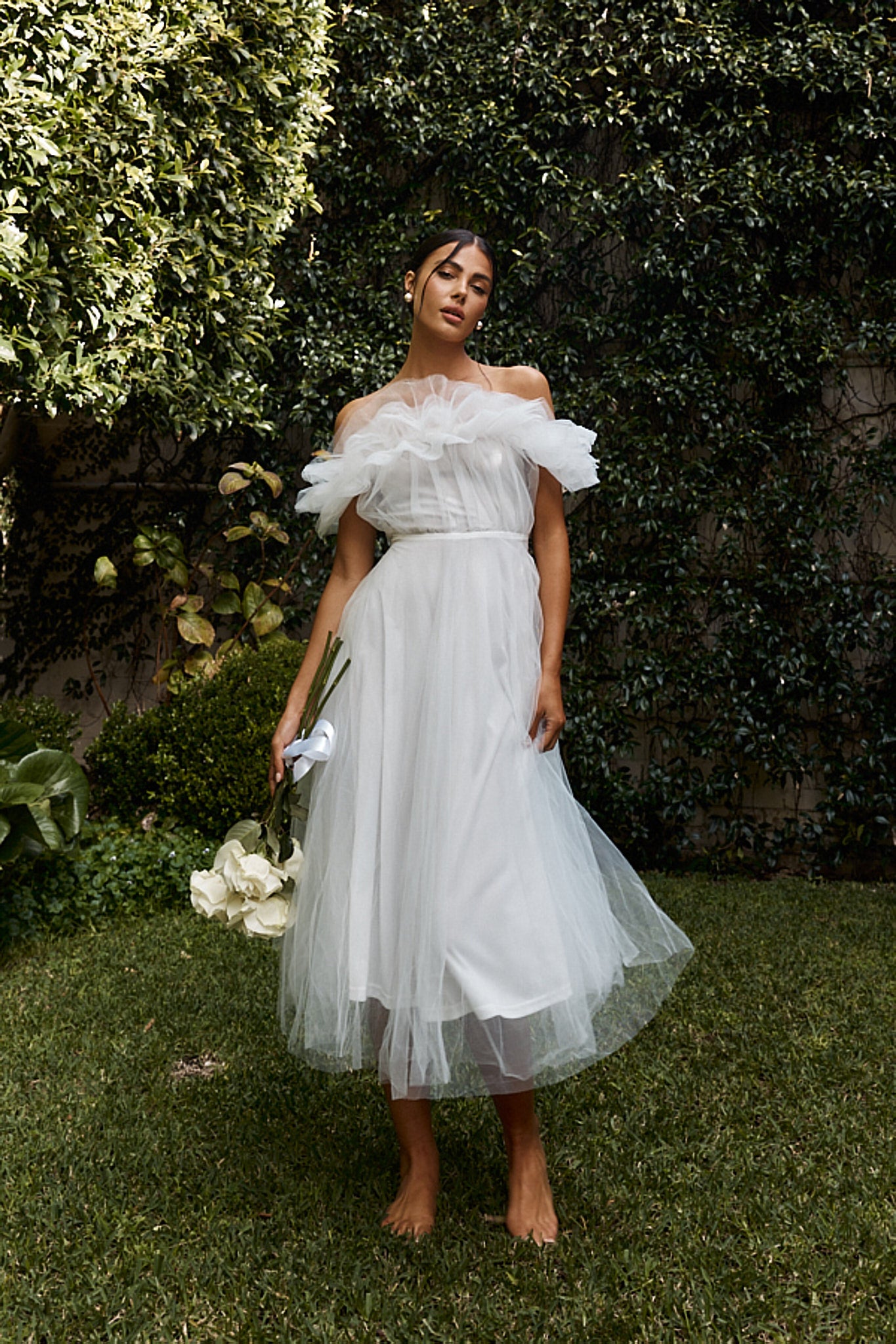 May Rose Off-Shoulder Tulle Midi Dress Off White by Selfie Leslie