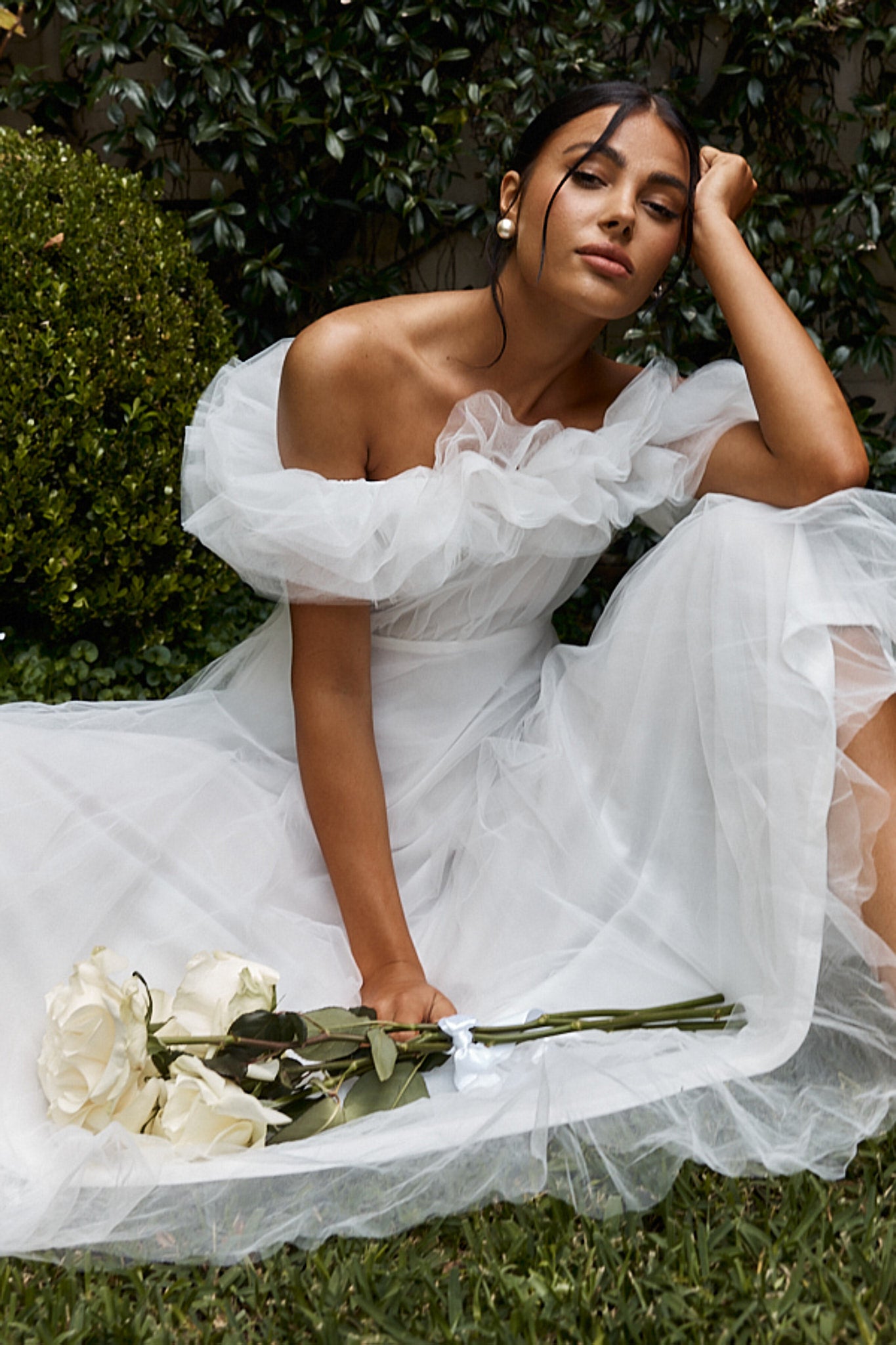 May Rose Off-Shoulder Tulle Midi Dress Off White by Selfie Leslie