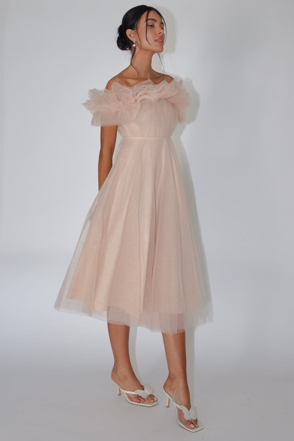 May Rose Off-Shoulder Tulle Midi Dress Taupe by Selfie Leslie