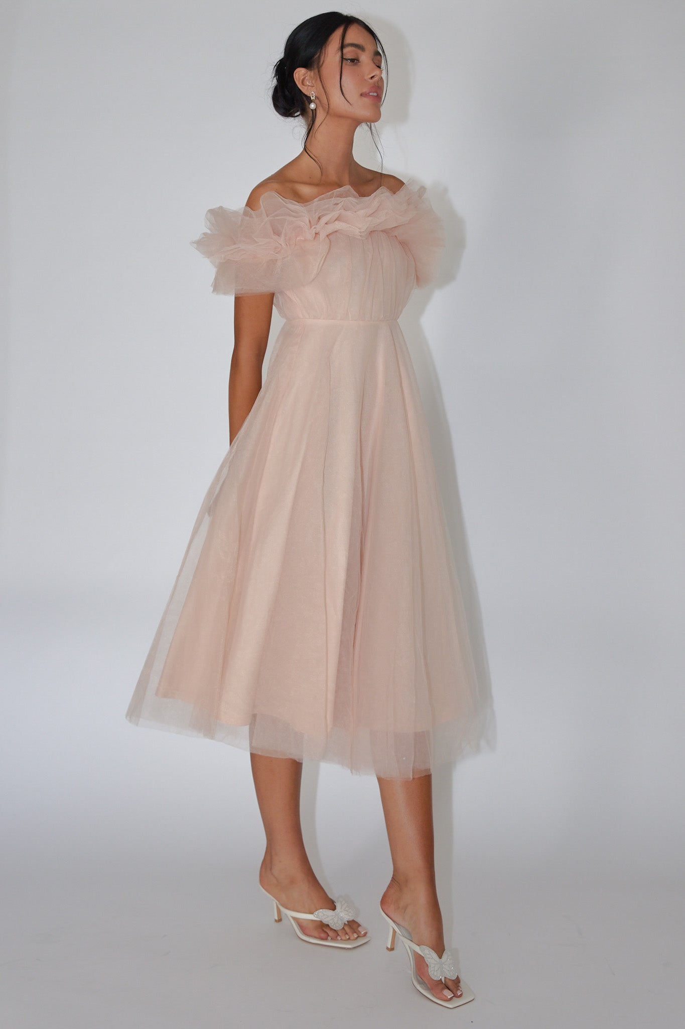 May Rose Off-Shoulder Tulle Midi Dress Taupe by Selfie Leslie