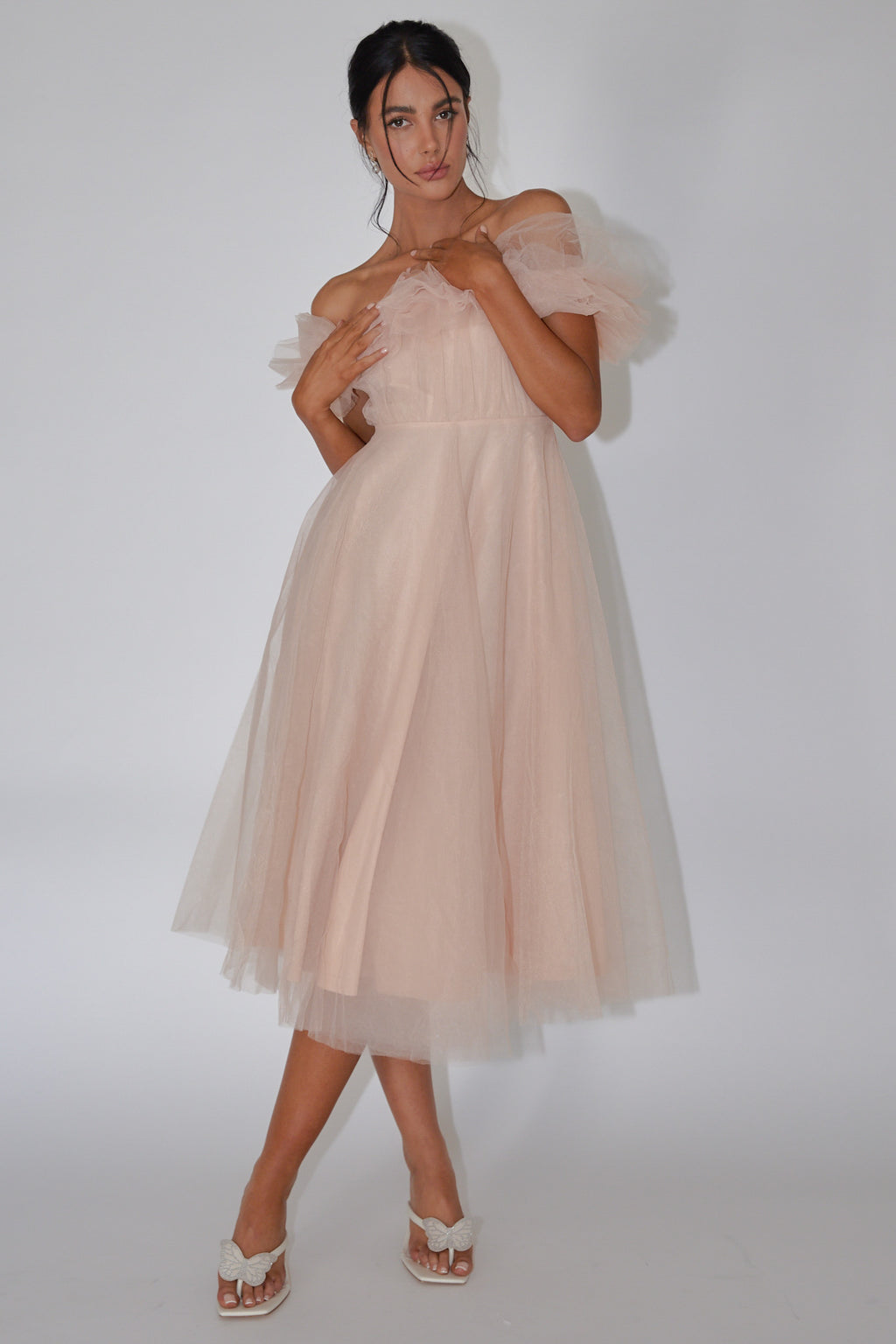 May Rose Off-Shoulder Tulle Midi Dress Taupe by Selfie Leslie